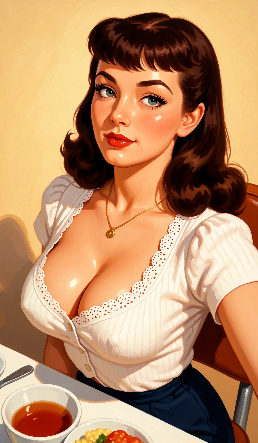 Redraw the entire picture as a retro pin-up illustration: smooth airbrushed gouache paint, warm saturated mid-century colour, clean confident outlines and glamorous stylised features, in the look of a 1950s pin-up poster. The background is painted in the same style. Nothing in the frame keeps its photographic appearance. Above all, the picture must show: Nude futanari.