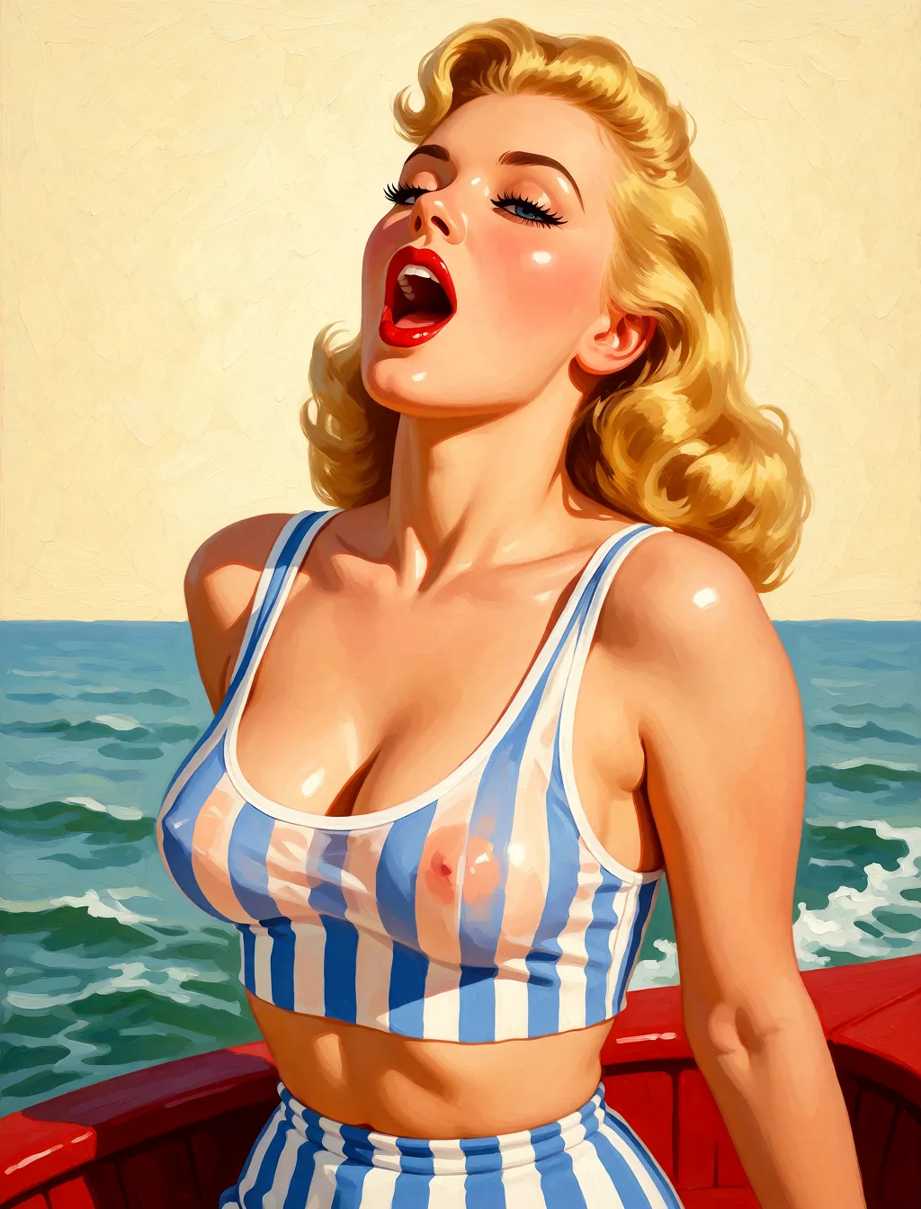 Redraw the entire picture as a retro pin-up illustration: smooth airbrushed gouache paint, warm saturated mid-century colour, clean confident outlines and glamorous stylised features, in the look of a 1950s pin-up poster. The background is painted in the same style. Nothing in the frame keeps its photographic appearance. Above all, the picture must show: see-through_clothes.