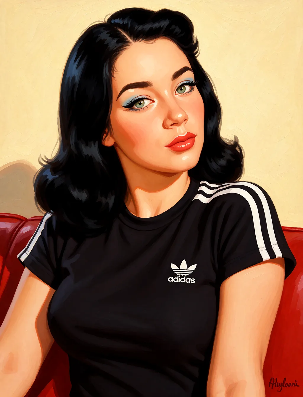 Redraw the entire picture as a retro pin-up illustration: smooth airbrushed gouache paint, warm saturated mid-century colour, clean confident outlines and glamorous stylised features, in the look of a 1950s pin-up poster. The background is painted in the same style. Nothing in the frame keeps its photographic appearance. Above all, the picture must show: futanari.