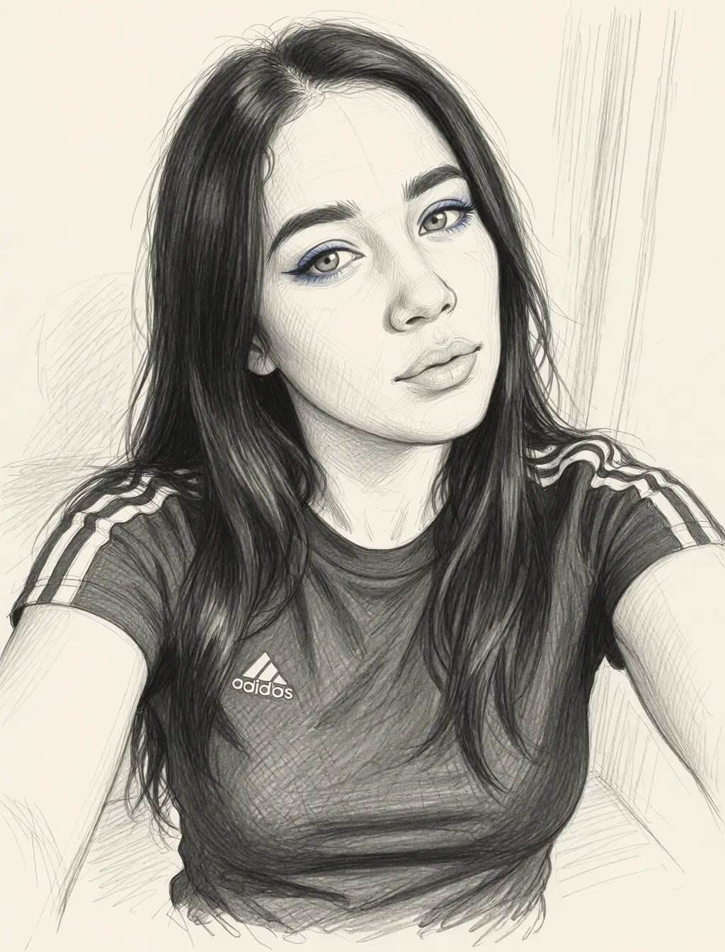 Redraw the entire picture as a hand-drawn graphite sketch on off-white paper: visible pencil strokes, cross-hatched shading, loose construction lines and no colour beyond the grey of the pencil and the tone of the paper. The background is drawn in the same style. Nothing in the frame keeps its photographic appearance. Above all, the picture must show: futanari.