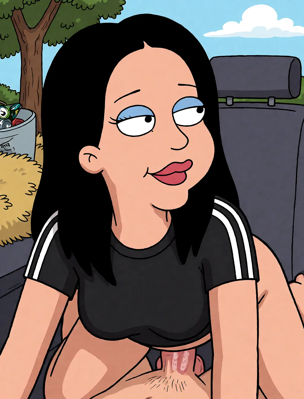 Redraw the entire picture as a western animated cartoon cel: thick even outlines, flat bright blocks of colour, simplified rounded shapes and hard-edged shadows, in the look of a television cartoon rather than of a camera. Keep the woman's adult proportions and adult figure exactly as they are; only the drawing style changes. The background is drawn in the same style. Nothing in the frame keeps its photographic appearance. Above all, the picture must show: doggystyle.
