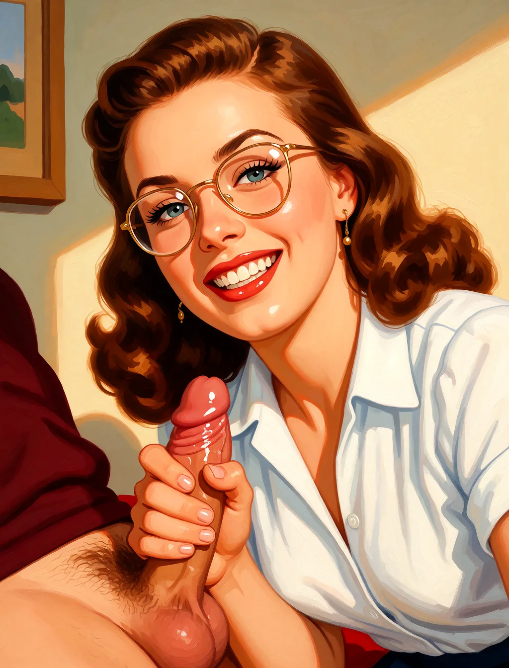 Redraw the entire picture as a retro pin-up illustration: smooth airbrushed gouache paint, warm saturated mid-century colour, clean confident outlines and glamorous stylised features, in the look of a 1950s pin-up poster. The background is painted in the same style. Nothing in the frame keeps its photographic appearance. Above all, the picture must show: handjob.