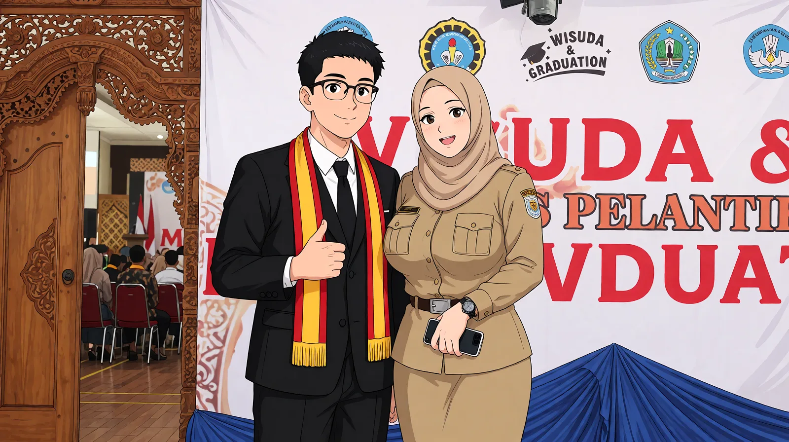 Redraw the entire picture as a hand-drawn anime illustration in flat cel-shaded anime style. It stays the same person with the same face, the same expression, the same hair and the same skin tone, and every other detail of the photograph is kept exactly as it is: nothing is added, removed, moved, uncovered or recoloured. Only the medium changes, and no part of the picture is left photographic. Above all, the picture must show: sex dont remove the hijab kiss large_breasts thick_thighs.