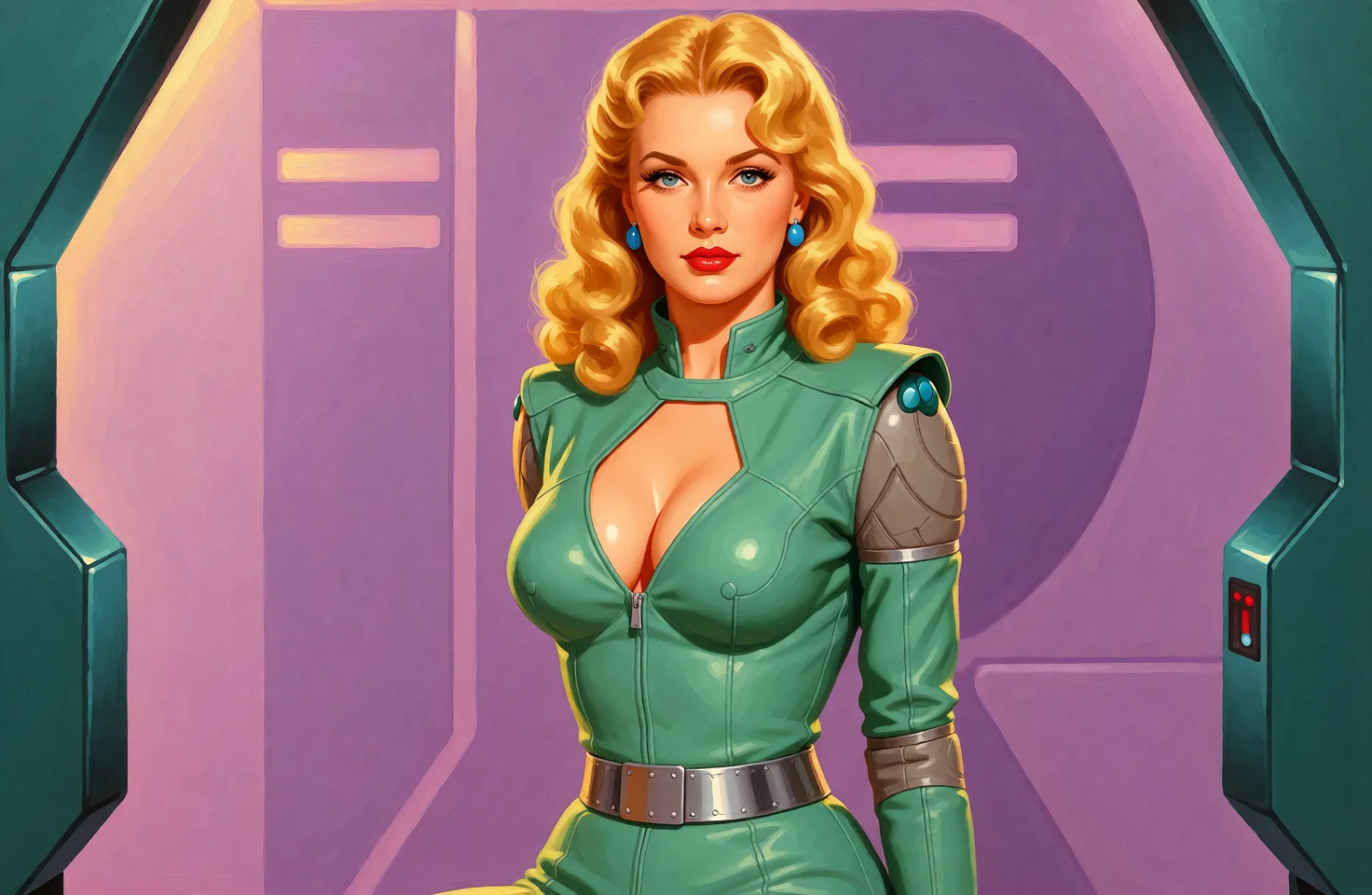 Redraw the entire picture as a retro pin-up illustration: smooth airbrushed gouache paint, warm saturated mid-century colour, clean confident outlines and glamorous stylised features, in the look of a 1950s pin-up poster. The background is painted in the same style. Nothing in the frame keeps its photographic appearance. Above all, the picture must show: make her sexy in that outfit. no helmet.