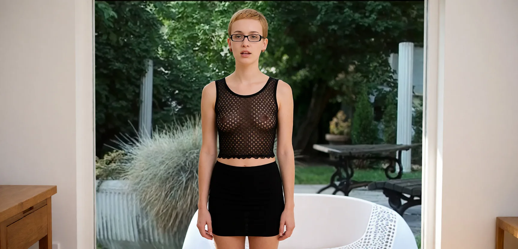 Edit the supplied photograph. Change only what is asked for below. Return one clean, natural, high-resolution photograph with realistic skin texture and no distortion. Replace her outfit with a sheer black mesh top and a matching fitted skirt. Keep her face, her identity, her hair and her skin tone exactly as they are, and keep the room and the light she is in. Keep her pose and the framing of the shot.