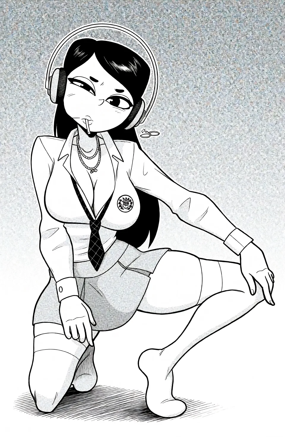 Redraw the entire picture as a black and white manga page: crisp black ink line art, no colour anywhere, flat halftone screentone shading, hatched shadows and clean white highlights, in the look of a printed manga panel. The background is drawn in the same style. Nothing in the frame keeps its photographic appearance. Above all, the picture must show: paizuri.