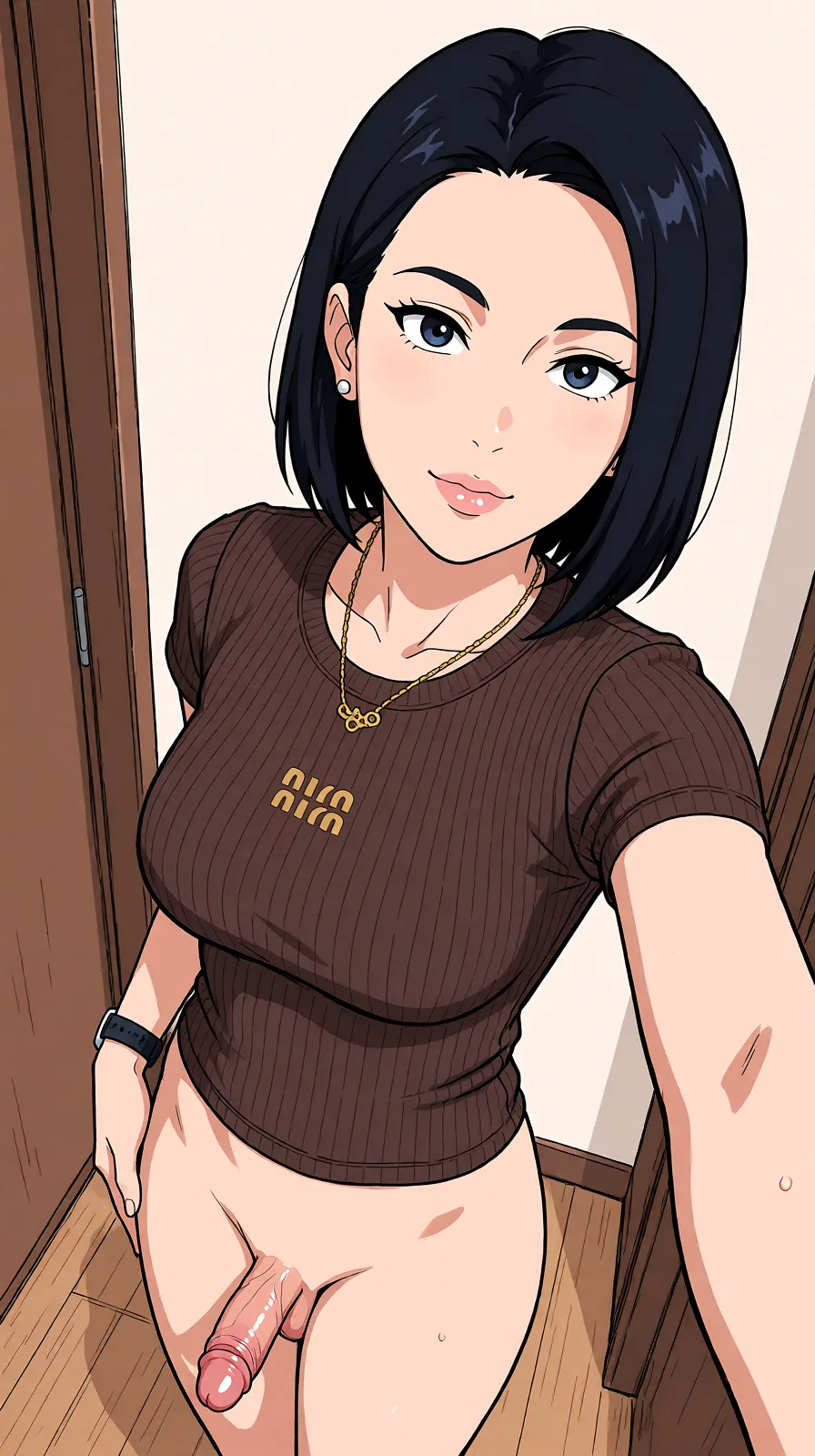 Redraw the entire picture as a hand-drawn anime illustration in flat cel-shaded anime style. It stays the same person with the same face, the same expression, the same hair and the same skin tone, and every other detail of the photograph is kept exactly as it is: nothing is added, removed, moved, uncovered or recoloured. Only the medium changes, and no part of the picture is left photographic. Above all, the picture must show: cum_in_ass.