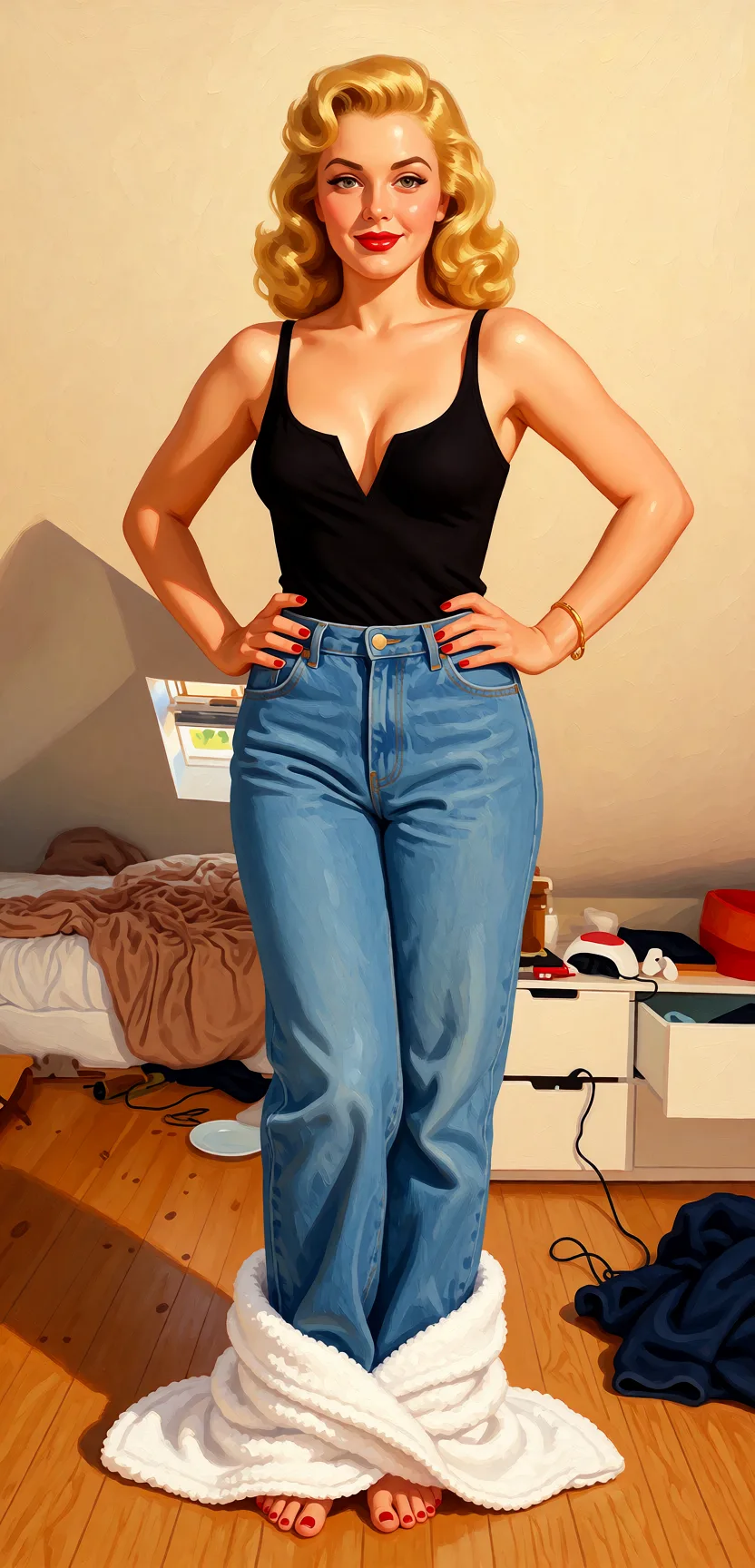 Redraw the entire picture as a retro pin-up illustration: smooth airbrushed gouache paint, warm saturated mid-century colour, clean confident outlines and glamorous stylised features, in the look of a 1950s pin-up poster. The background is painted in the same style. Nothing in the frame keeps its photographic appearance. Above all, the picture must show: Fully undressed with a bath robe at the bottom of her feet like she just took it off.