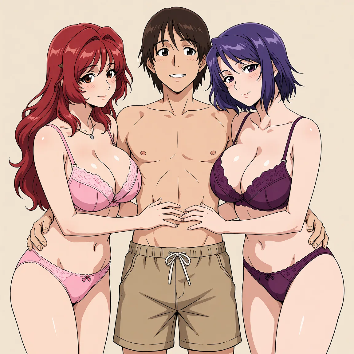 Redraw the entire picture as a hand-drawn anime illustration in flat cel-shaded anime style. It stays the same person with the same face, the same expression, the same hair and the same skin tone, and every other detail of the photograph is kept exactly as it is: nothing is added, removed, moved, uncovered or recoloured. Only the medium changes, and no part of the picture is left photographic. Above all, the picture must show: The three figures are standing. The man is holding the two women by the hips. Remove the background image.