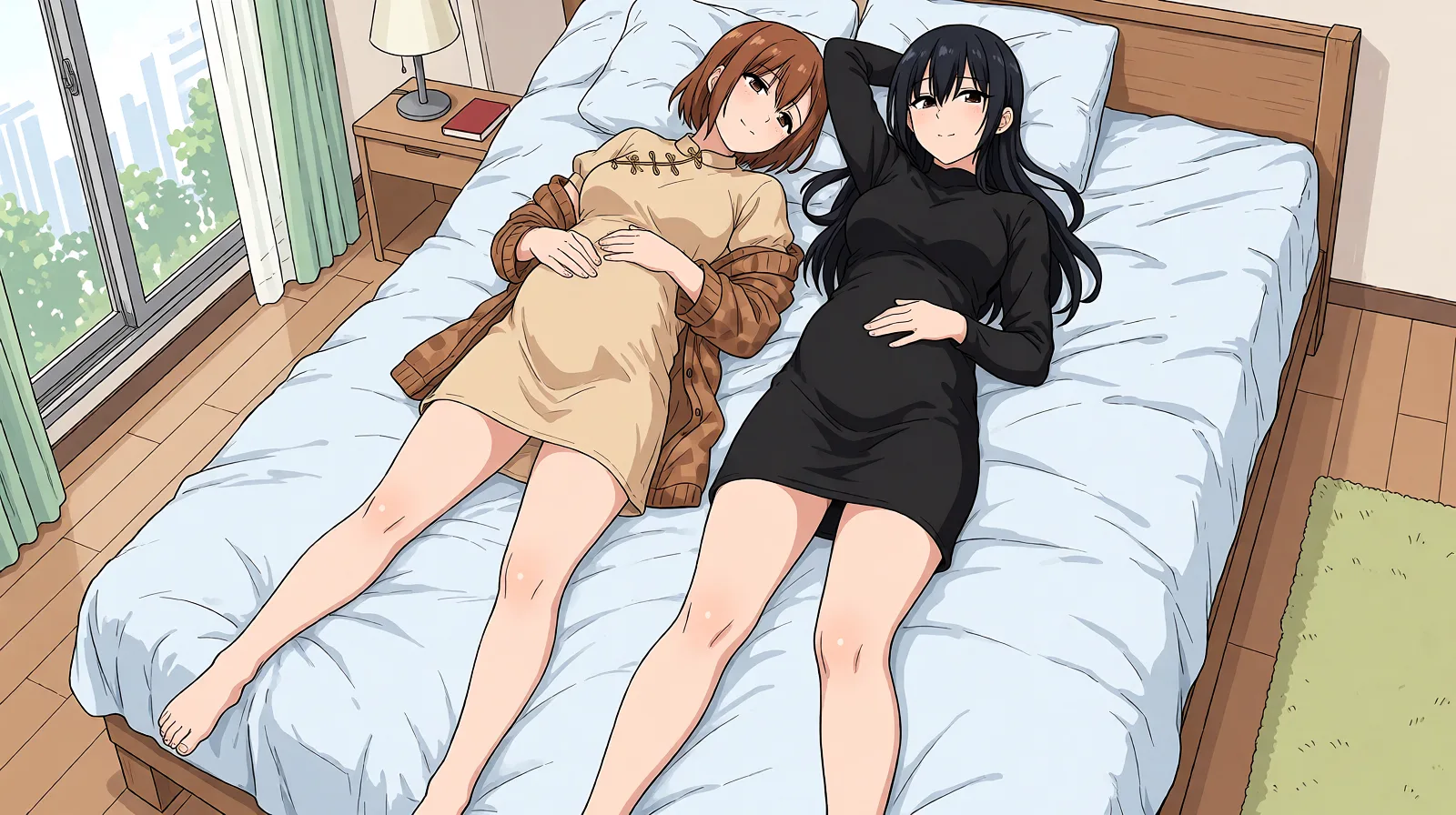 Redraw the entire picture as a hand-drawn anime illustration in flat cel-shaded anime style. It stays the same person with the same face, the same expression, the same hair and the same skin tone, and every other detail of the photograph is kept exactly as it is: nothing is added, removed, moved, uncovered or recoloured. Only the medium changes, and no part of the picture is left photographic. Above all, the picture must show: to undress the two women.