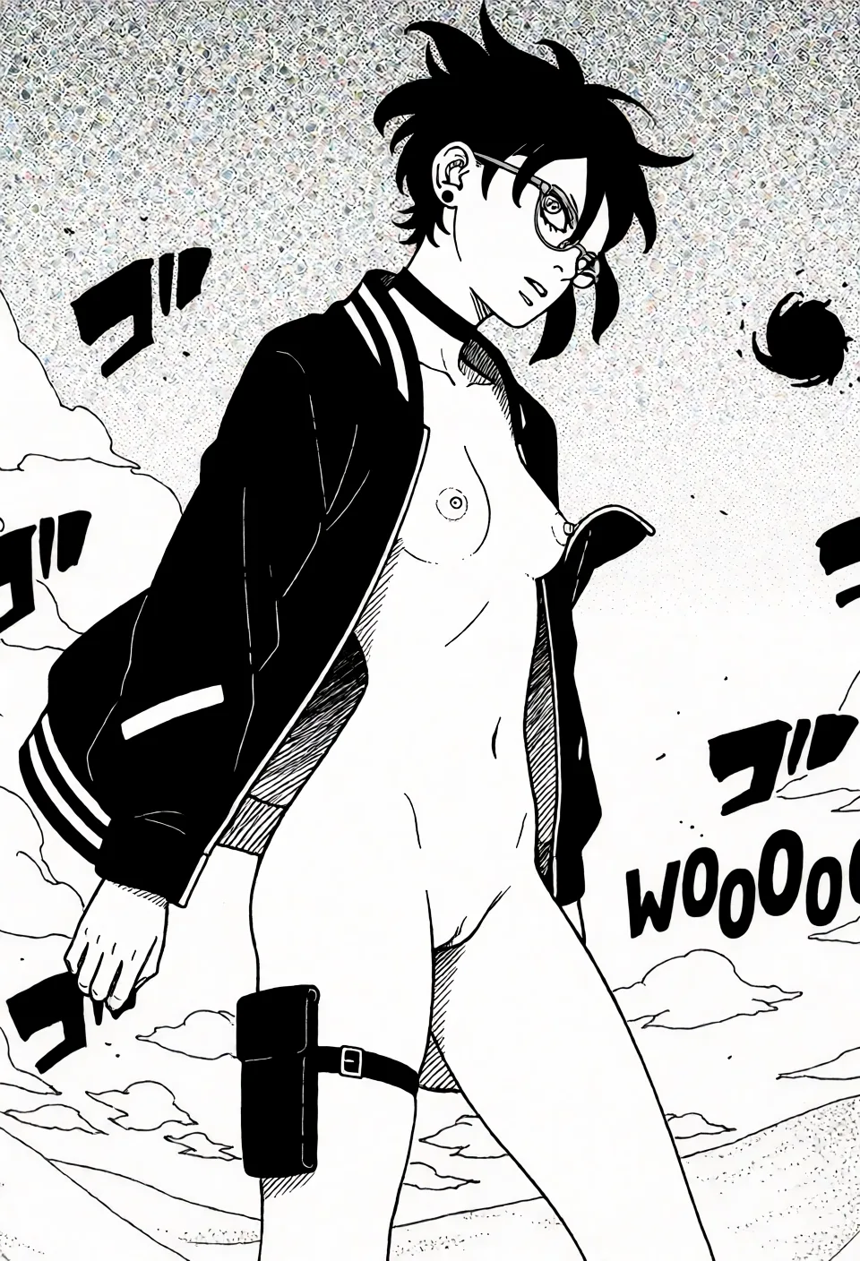 Redraw the entire picture as a black and white manga page: crisp black ink line art, no colour anywhere, flat halftone screentone shading, hatched shadows and clean white highlights, in the look of a printed manga panel. The background is drawn in the same style. Nothing in the frame keeps its photographic appearance. Above all, the picture must show: Удали её одежду.