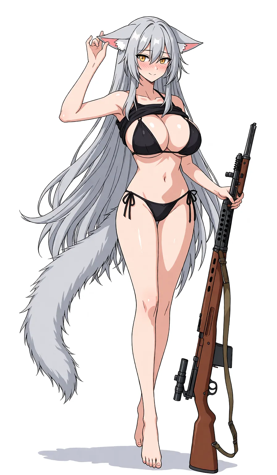 Redraw the entire picture as a hand-drawn anime illustration in flat cel-shaded anime style. It stays the same person with the same face, the same expression, the same hair and the same skin tone, and every other detail of the photograph is kept exactly as it is: nothing is added, removed, moved, uncovered or recoloured. Only the medium changes, and no part of the picture is left photographic. Above all, the picture must show: She looks at the viewer, her cat’s tail twitching calmly, while she tugs at her felt fox ears, and she gets embarrassed, takes off her top, revealing her large breasts, grabs her chest, smiles cutely, and blushes.