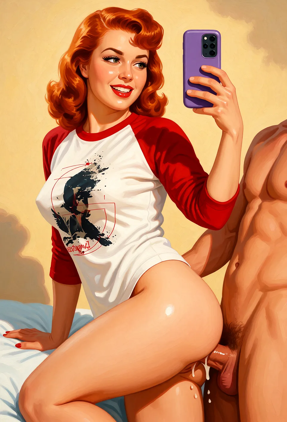Redraw the entire picture as a retro pin-up illustration: smooth airbrushed gouache paint, warm saturated mid-century colour, clean confident outlines and glamorous stylised features, in the look of a 1950s pin-up poster. The background is painted in the same style. Nothing in the frame keeps its photographic appearance. Above all, the picture must show: Woman in image is naked, bends off and guy fucks her from behind.