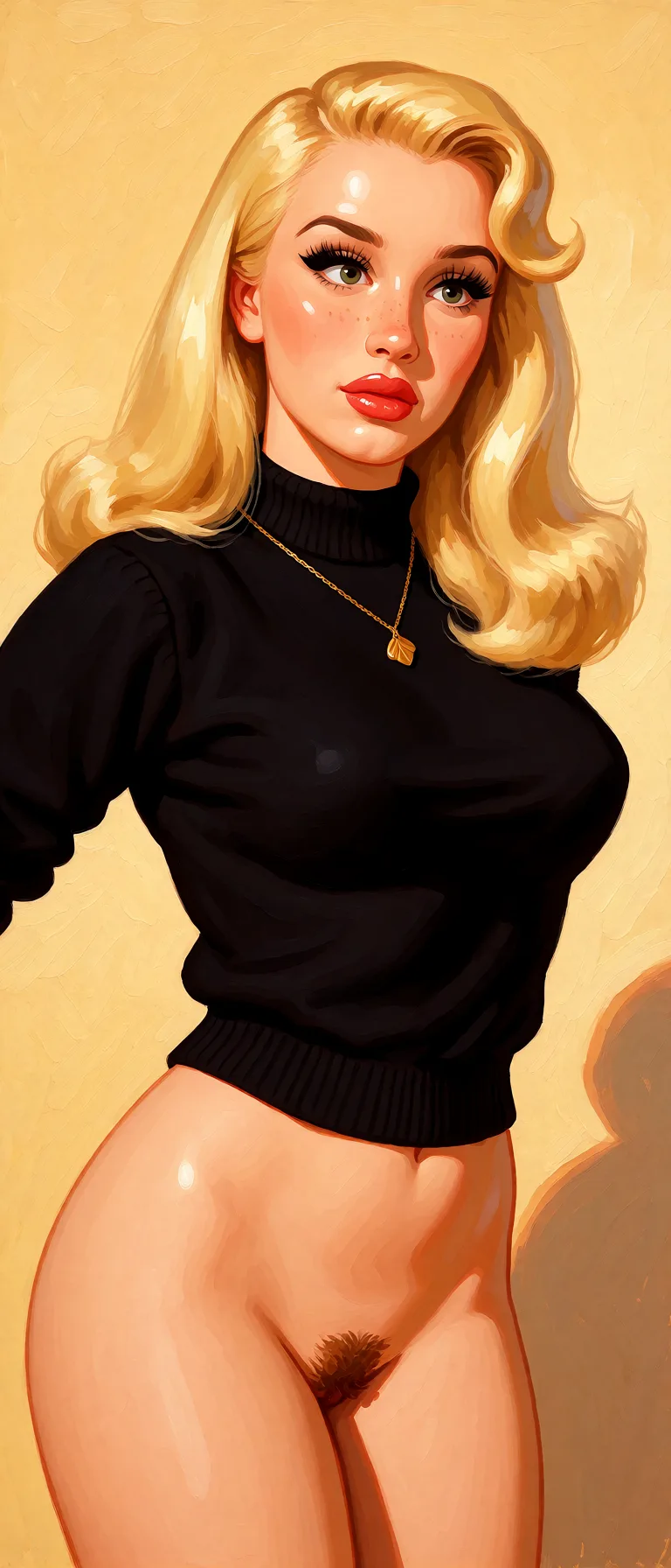 Redraw the entire picture as a retro pin-up illustration: smooth airbrushed gouache paint, warm saturated mid-century colour, clean confident outlines and glamorous stylised features, in the look of a 1950s pin-up poster. The background is painted in the same style. Nothing in the frame keeps its photographic appearance. Above all, the picture must show: nude.