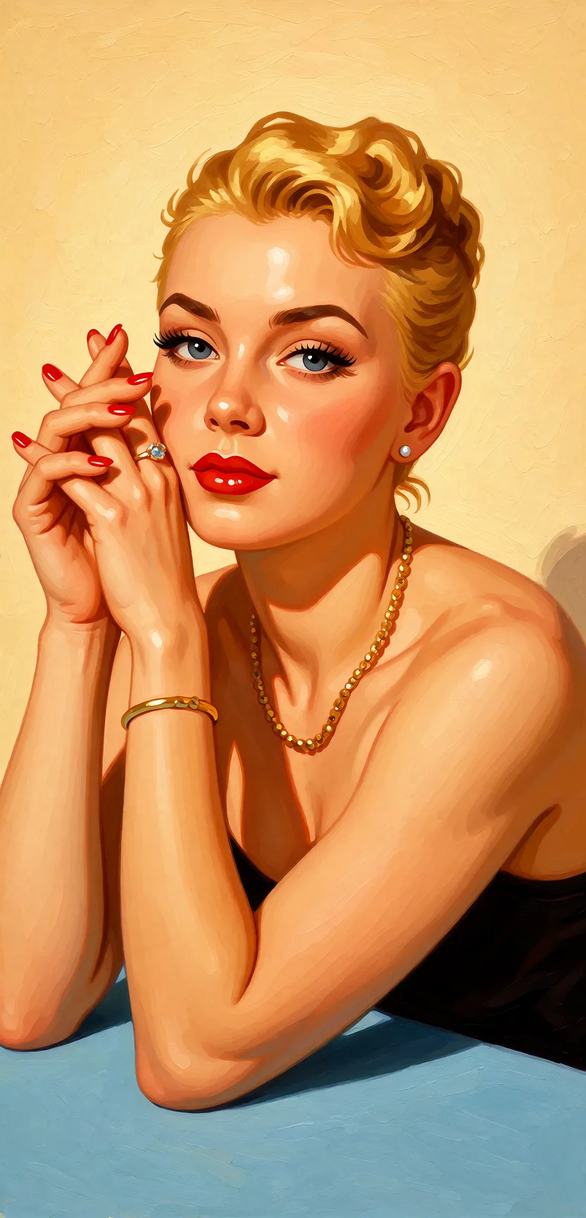 Redraw the entire picture as a retro pin-up illustration: smooth airbrushed gouache paint, warm saturated mid-century colour, clean confident outlines and glamorous stylised features, in the look of a 1950s pin-up poster. The background is painted in the same style. Nothing in the frame keeps its photographic appearance. Above all, the picture must show: Hard anal.