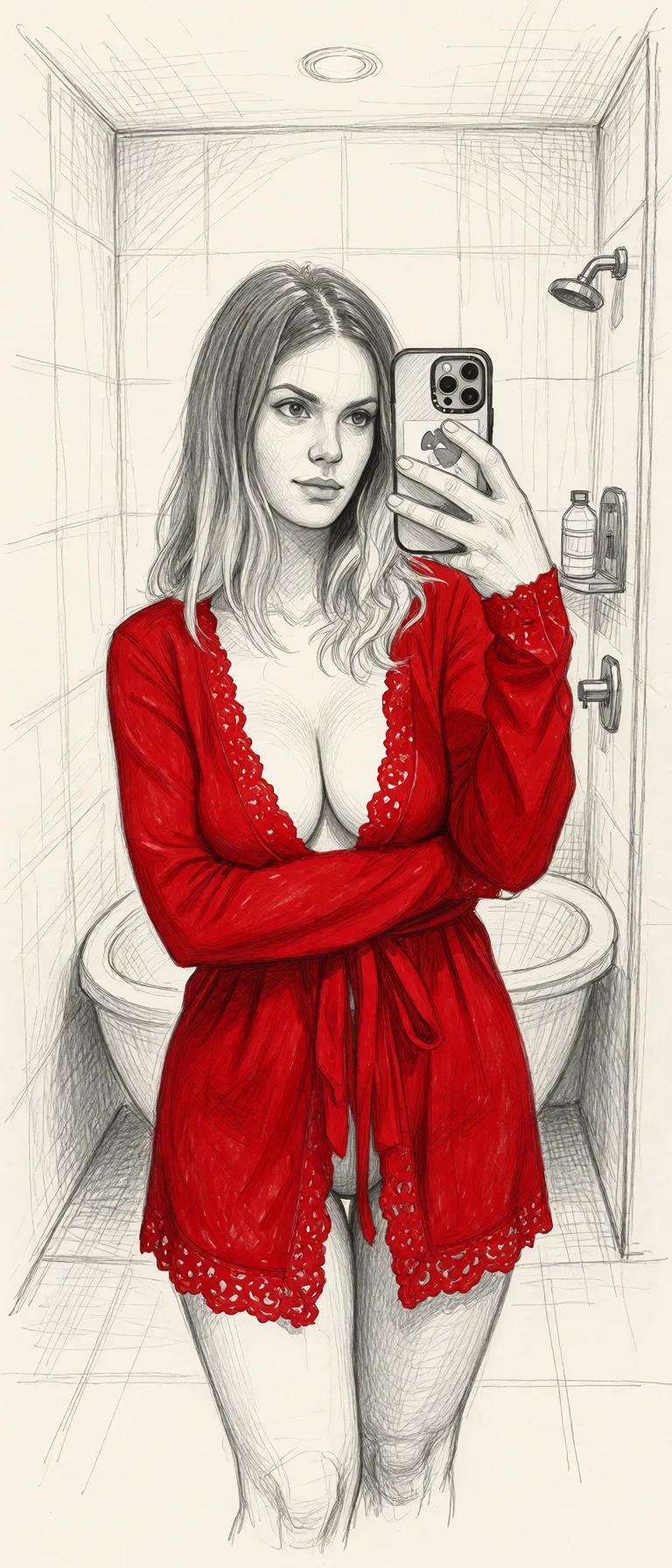 Redraw the entire picture as a hand-drawn graphite sketch on off-white paper: visible pencil strokes, cross-hatched shading, loose construction lines and no colour beyond the grey of the pencil and the tone of the paper. The background is drawn in the same style. Nothing in the frame keeps its photographic appearance. Above all, the picture must show: nude.