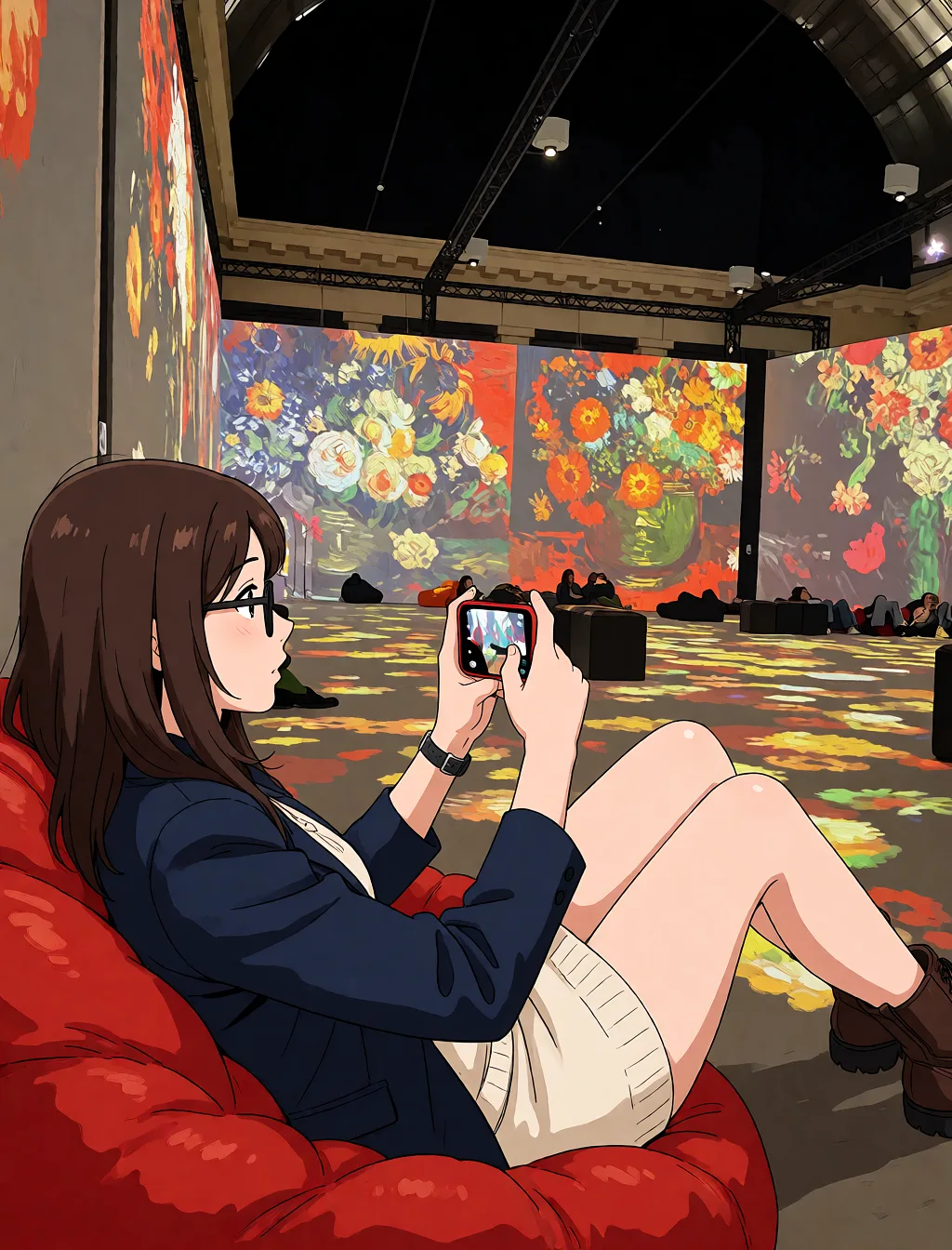 Redraw the entire picture as a hand-drawn anime illustration in flat cel-shaded anime style. It stays the same person with the same face, the same expression, the same hair and the same skin tone, and every other detail of the photograph is kept exactly as it is: nothing is added, removed, moved, uncovered or recoloured. Only the medium changes, and no part of the picture is left photographic. Above all, the picture must show: group_sex.