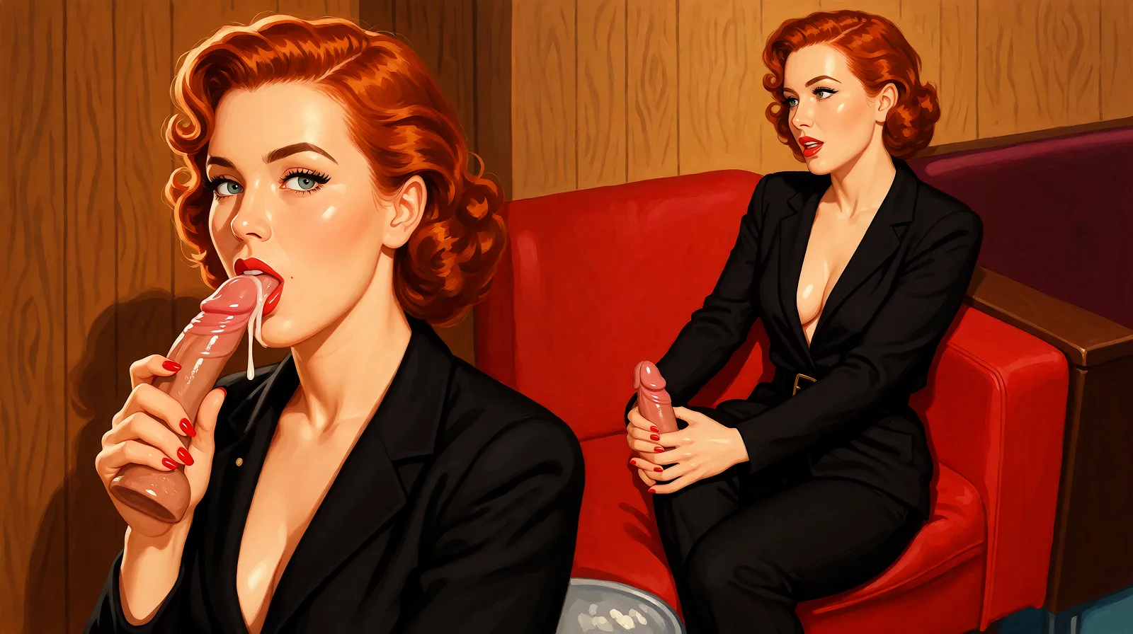 Redraw the entire picture as a retro pin-up illustration: smooth airbrushed gouache paint, warm saturated mid-century colour, clean confident outlines and glamorous stylised features, in the look of a 1950s pin-up poster. The background is painted in the same style. Nothing in the frame keeps its photographic appearance. Above all, the picture must show: horny tereza want me and lick dildo.