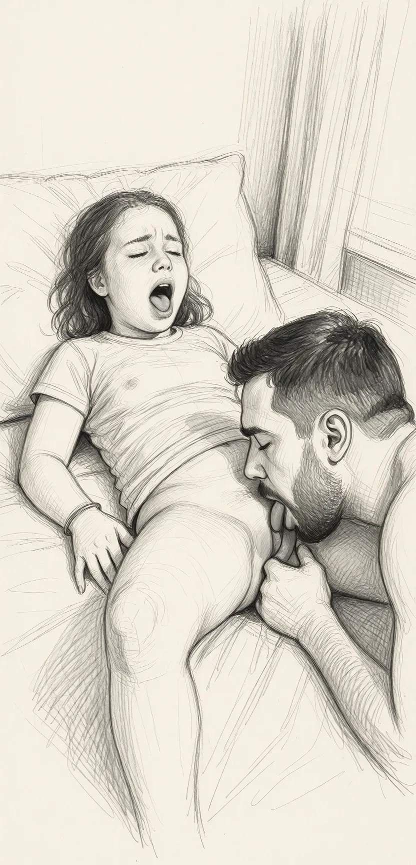 Redraw the entire picture as a hand-drawn graphite sketch on off-white paper: visible pencil strokes, cross-hatched shading, loose construction lines and no colour beyond the grey of the pencil and the tone of the paper. The background is drawn in the same style. Nothing in the frame keeps its photographic appearance. Above all, the picture must show: She is small, plump and petite, she's laying on a bed, he has a beard, he's licking her shaved pussy, she's having orgasm.