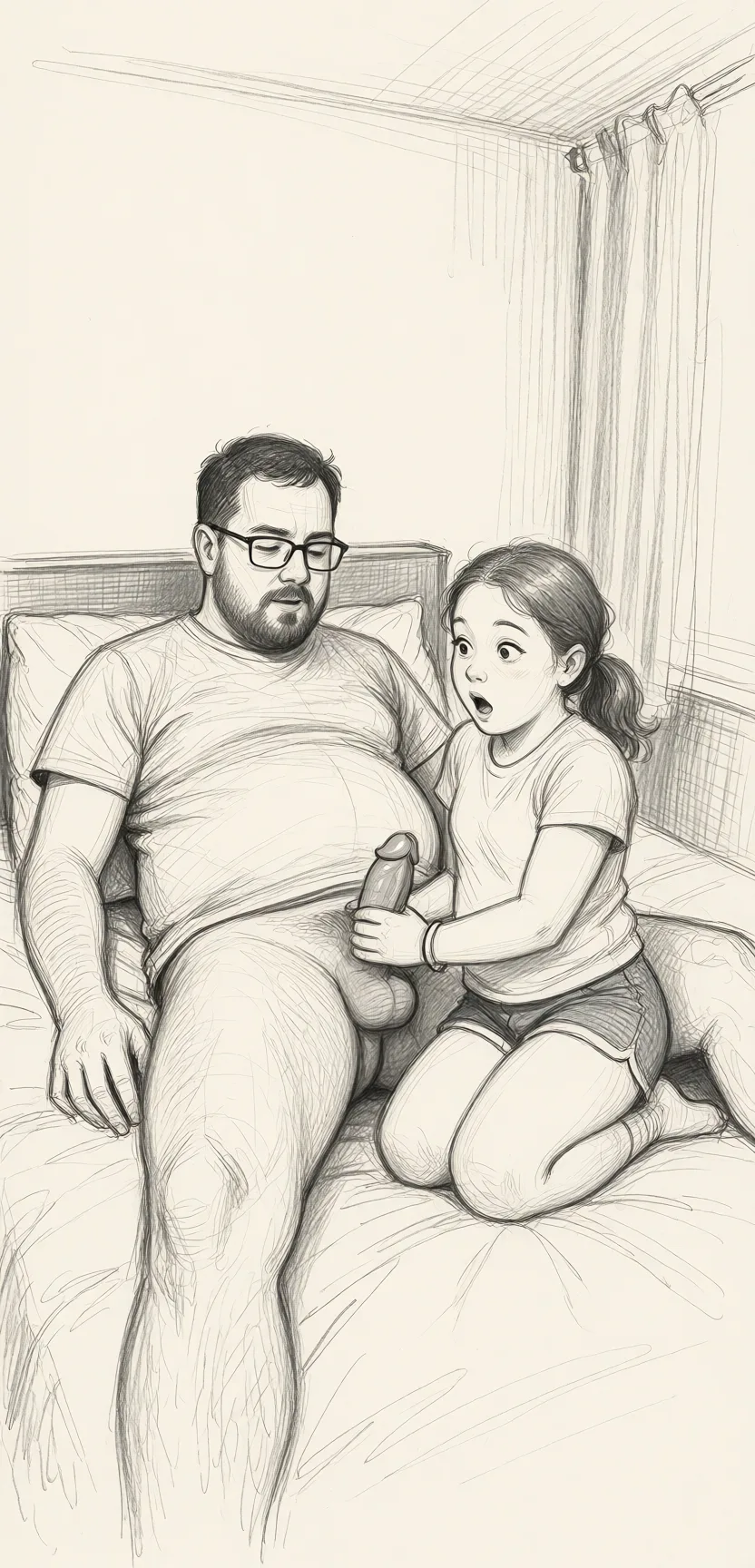 Redraw the entire picture as a hand-drawn graphite sketch on off-white paper: visible pencil strokes, cross-hatched shading, loose construction lines and no colour beyond the grey of the pencil and the tone of the paper. The background is drawn in the same style. Nothing in the frame keeps its photographic appearance. Above all, the picture must show: He has glasses, a beard and a potbelly, he's laying on a bed, she's small, plump and petite, she's on the bed kneeling next to him, she's holding his penis, he cums, she's surprised.