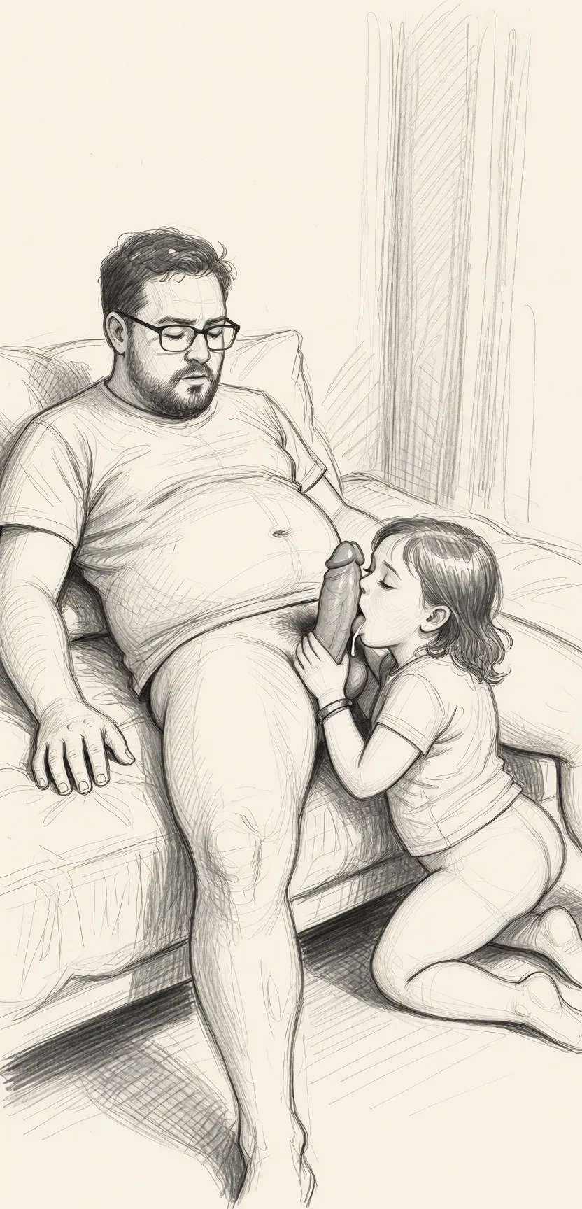 Redraw the entire picture as a hand-drawn graphite sketch on off-white paper: visible pencil strokes, cross-hatched shading, loose construction lines and no colour beyond the grey of the pencil and the tone of the paper. The background is drawn in the same style. Nothing in the frame keeps its photographic appearance. Above all, the picture must show: He has glasses, a beard and a potbelly, he's laying on a bed, she's small, plump and petite, she's sucking his penis, he's cumming.