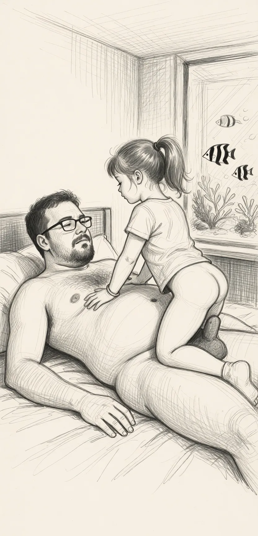 Redraw the entire picture as a hand-drawn graphite sketch on off-white paper: visible pencil strokes, cross-hatched shading, loose construction lines and no colour beyond the grey of the pencil and the tone of the paper. The background is drawn in the same style. Nothing in the frame keeps its photographic appearance. Above all, the picture must show: He has glasses, a beard and a potbelly, he is laying on a bed nude, she's small, plump, petite and has a ponytail, she's on top him, cowgirl_position.