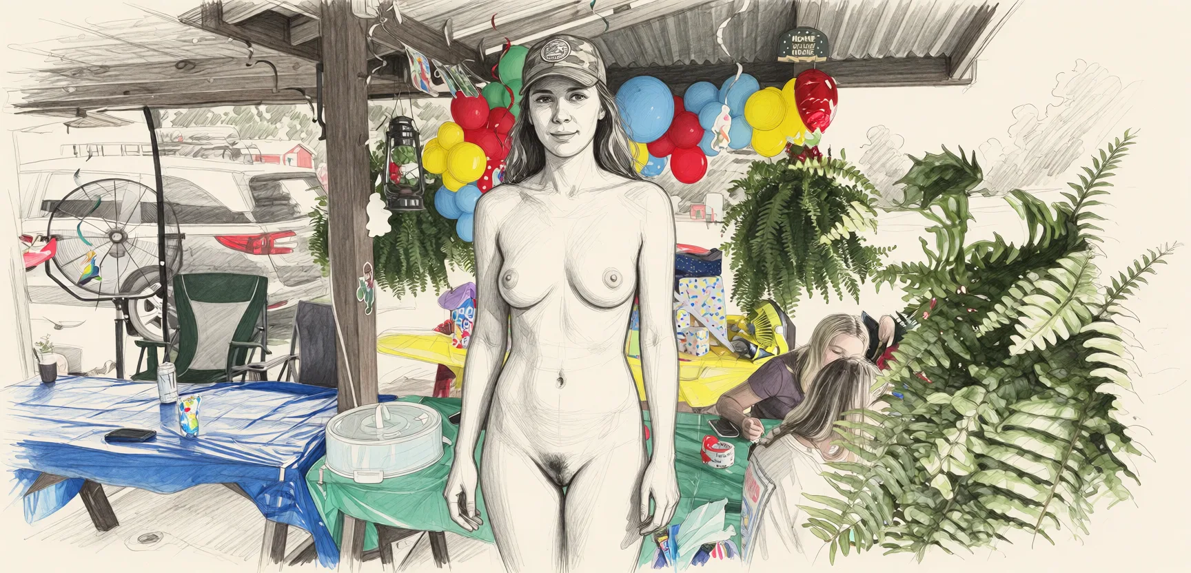 Redraw the entire picture as a hand-drawn graphite sketch on off-white paper: visible pencil strokes, cross-hatched shading, loose construction lines and no colour beyond the grey of the pencil and the tone of the paper. The background is drawn in the same style. Nothing in the frame keeps its photographic appearance. Above all, the picture must show: standing completely nude.