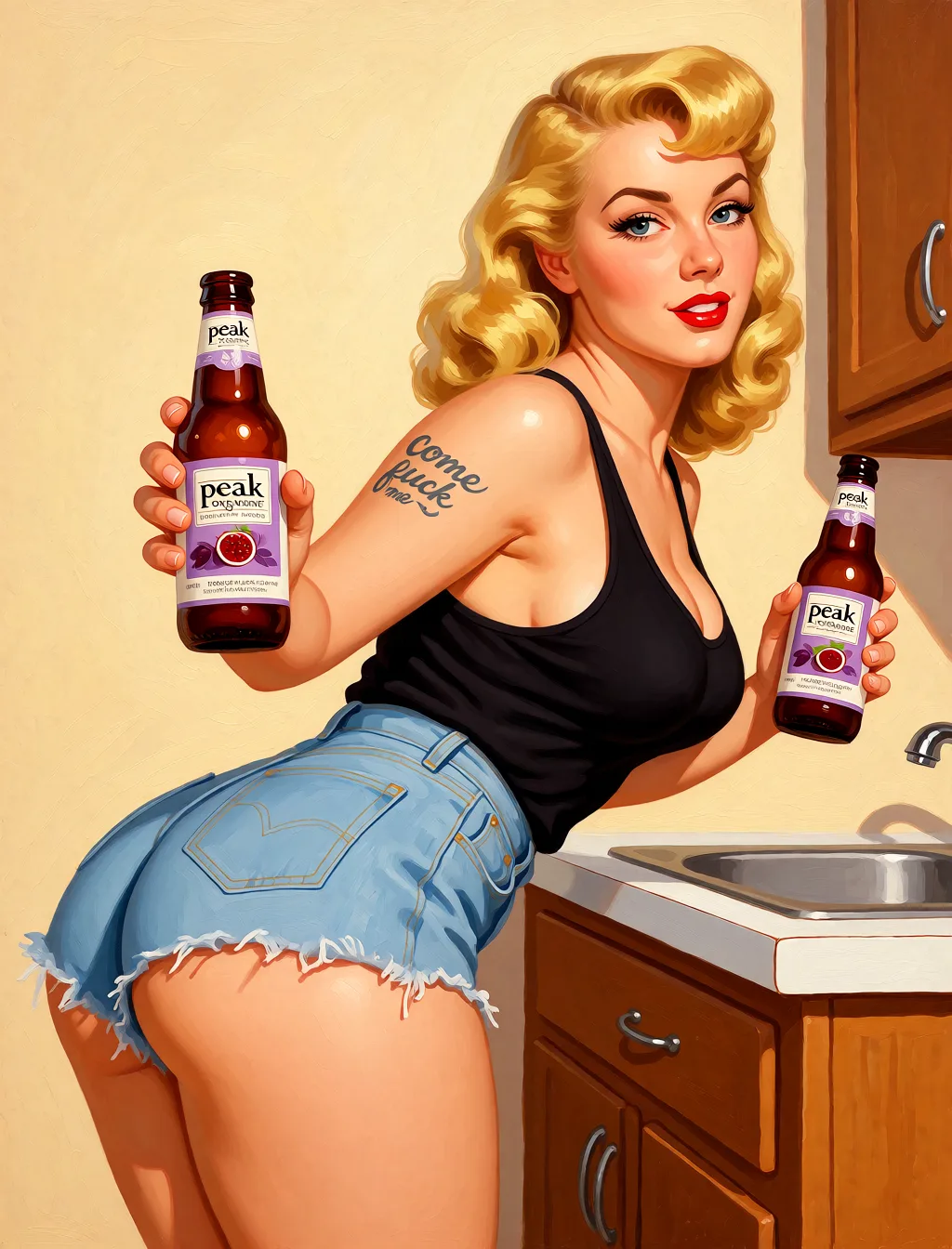 Redraw the entire picture as a retro pin-up illustration: smooth airbrushed gouache paint, warm saturated mid-century colour, clean confident outlines and glamorous stylised features, in the look of a 1950s pin-up poster. The background is painted in the same style. Nothing in the frame keeps its photographic appearance. Above all, the picture must show: show her with blond hair in the same style, larger boobs, bent over with very shot shorts on, that outline her big ass, and she is looking at the viewer with a face that says "come fuck me".