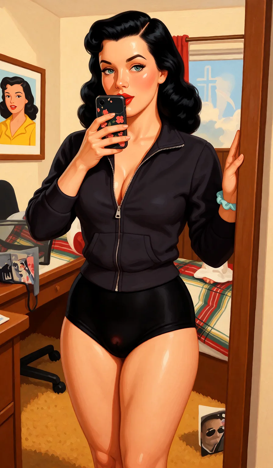 Redraw the entire picture as a retro pin-up illustration: smooth airbrushed gouache paint, warm saturated mid-century colour, clean confident outlines and glamorous stylised features, in the look of a 1950s pin-up poster. The background is painted in the same style. Nothing in the frame keeps its photographic appearance. Above all, the picture must show: nothing but a futanari.