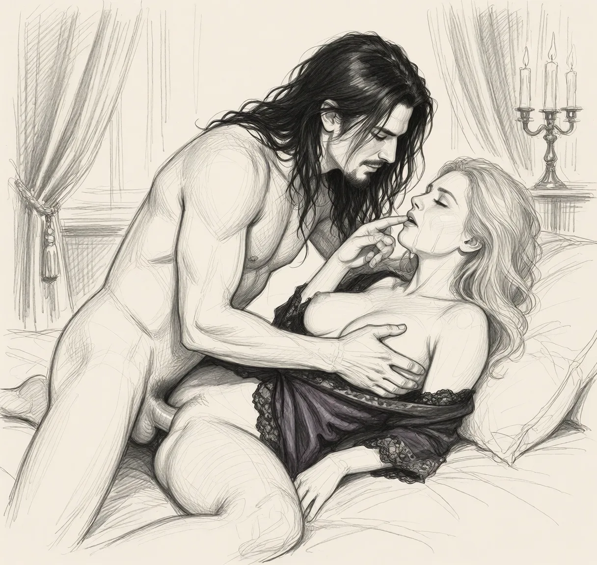 Redraw the entire picture as a hand-drawn graphite sketch on off-white paper: visible pencil strokes, cross-hatched shading, loose construction lines and no colour beyond the grey of the pencil and the tone of the paper. The background is drawn in the same style. Nothing in the frame keeps its photographic appearance. Above all, the picture must show: Remove clothes, one man is fucking her, the other is holding her and pleasuring her.