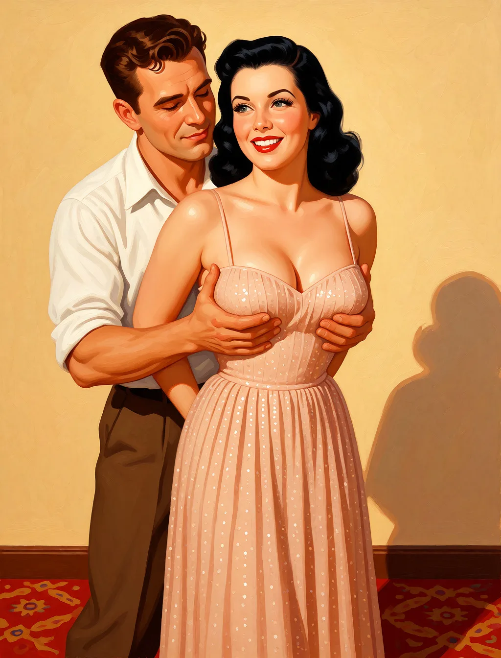 Redraw the entire picture as a retro pin-up illustration: smooth airbrushed gouache paint, warm saturated mid-century colour, clean confident outlines and glamorous stylised features, in the look of a 1950s pin-up poster. The background is painted in the same style. Nothing in the frame keeps its photographic appearance. Above all, the picture must show: Don’t remove anything add a man behind the woman grabbing her boobs and screening them from behind.