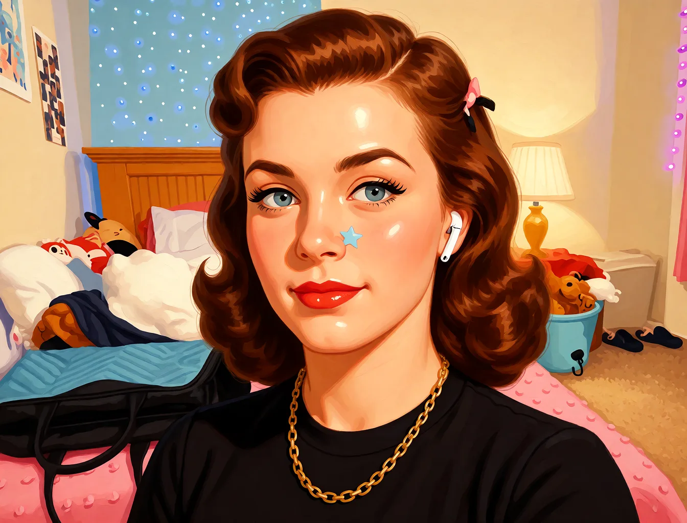 Redraw the entire picture as a retro pin-up illustration: smooth airbrushed gouache paint, warm saturated mid-century colour, clean confident outlines and glamorous stylised features, in the look of a 1950s pin-up poster. The background is painted in the same style. Nothing in the frame keeps its photographic appearance. Above all, the picture must show: spread_legs small_breasts.