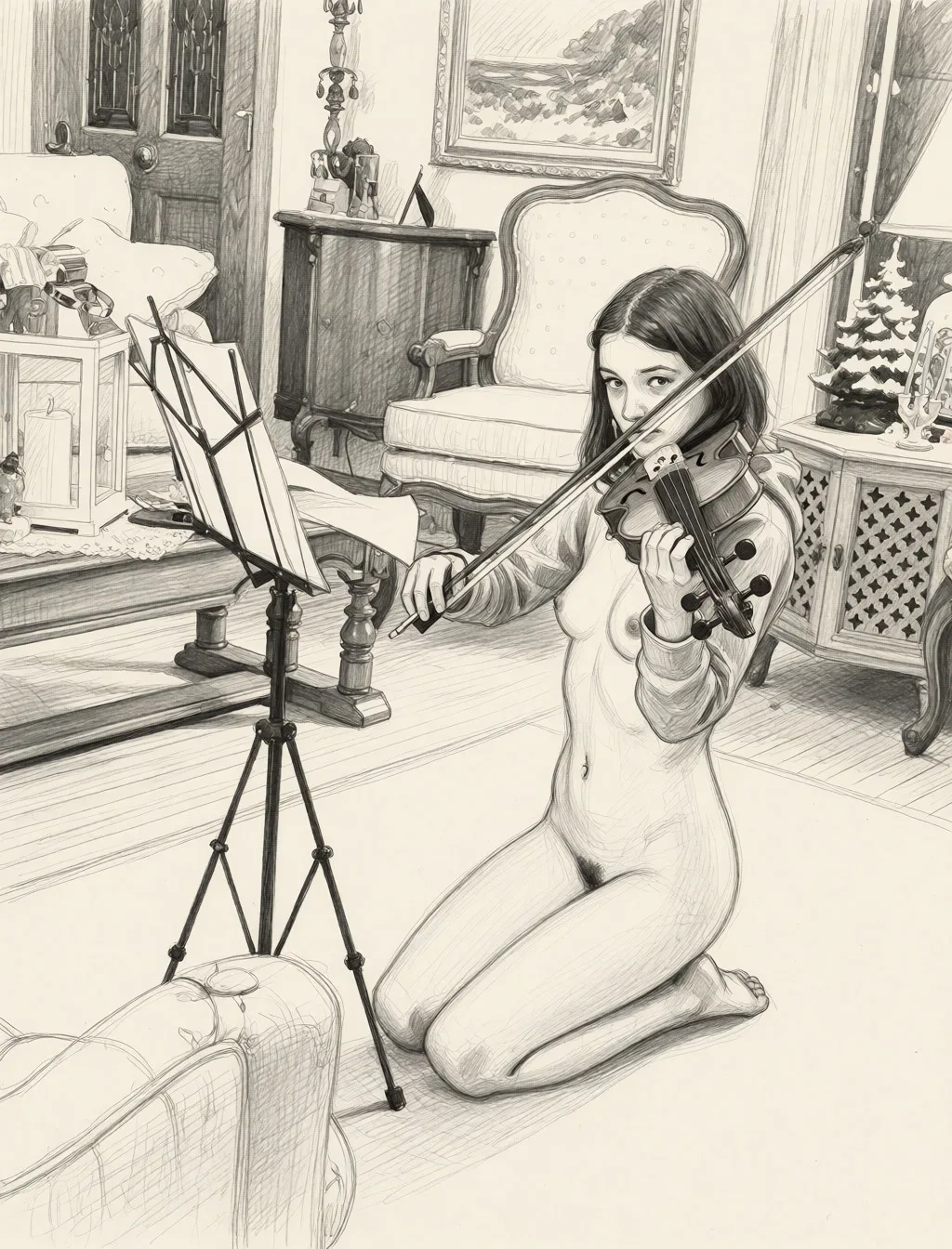Redraw the entire picture as a hand-drawn graphite sketch on off-white paper: visible pencil strokes, cross-hatched shading, loose construction lines and no colour beyond the grey of the pencil and the tone of the paper. The background is drawn in the same style. Nothing in the frame keeps its photographic appearance. Above all, the picture must show: completely_nude.