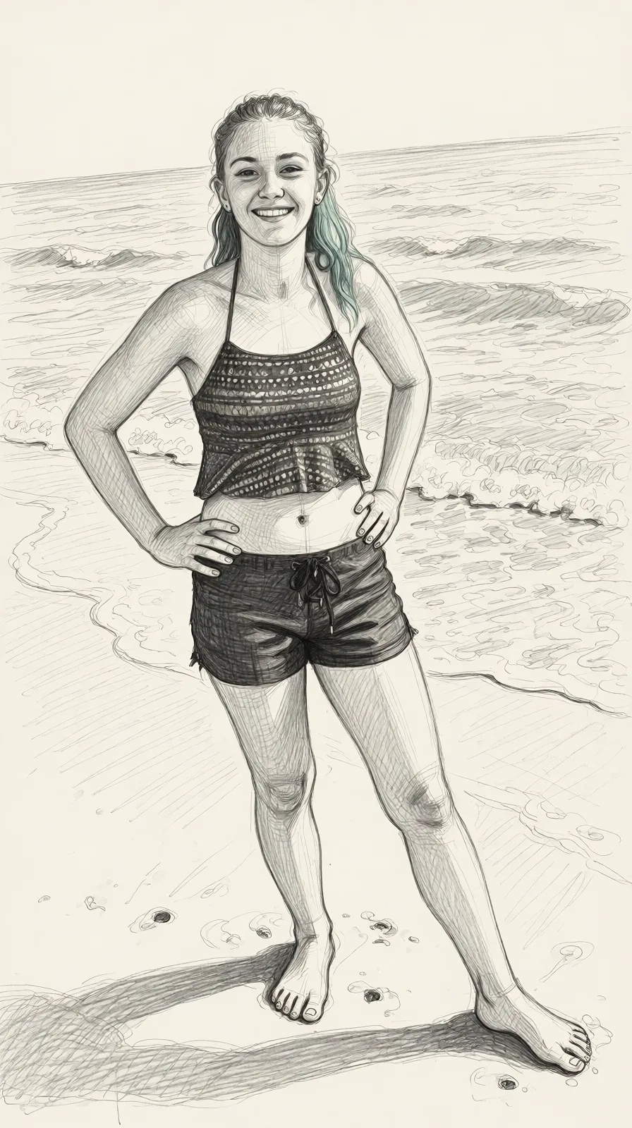 Redraw the entire picture as a hand-drawn graphite sketch on off-white paper: visible pencil strokes, cross-hatched shading, loose construction lines and no colour beyond the grey of the pencil and the tone of the paper. The background is drawn in the same style. Nothing in the frame keeps its photographic appearance. Above all, the picture must show: completely_nude on_back legs_up legs_apart looking_at_viewer.