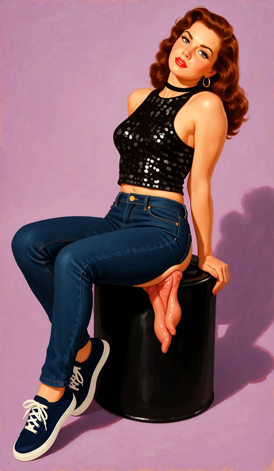 Redraw the entire picture as a retro pin-up illustration: smooth airbrushed gouache paint, warm saturated mid-century colour, clean confident outlines and glamorous stylised features, in the look of a 1950s pin-up poster. The background is painted in the same style. Nothing in the frame keeps its photographic appearance. Above all, the picture must show: doggystyle.