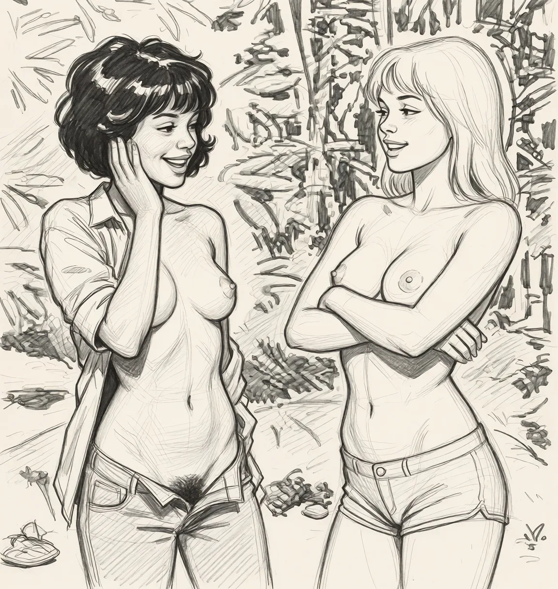 Redraw the entire picture as a hand-drawn graphite sketch on off-white paper: visible pencil strokes, cross-hatched shading, loose construction lines and no colour beyond the grey of the pencil and the tone of the paper. The background is drawn in the same style. Nothing in the frame keeps its photographic appearance. Above all, the picture must show: Two 18-year old women swiftly disrobe and smile at each other.