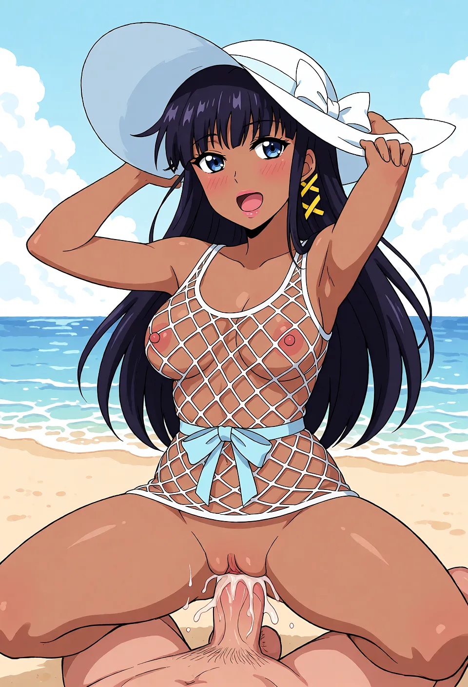 Redraw the entire picture as a hand-drawn anime illustration in flat cel-shaded anime style. It stays the same person with the same face, the same expression, the same hair and the same skin tone, and every other detail of the photograph is kept exactly as it is: nothing is added, removed, moved, uncovered or recoloured. Only the medium changes, and no part of the picture is left photographic. Above all, the picture must show: beach background, being fucked while squatting over a large dick. she has dark skin and pink lips, with fully bleached hair. Her pink nipples are visible through her full fishnet outfit.