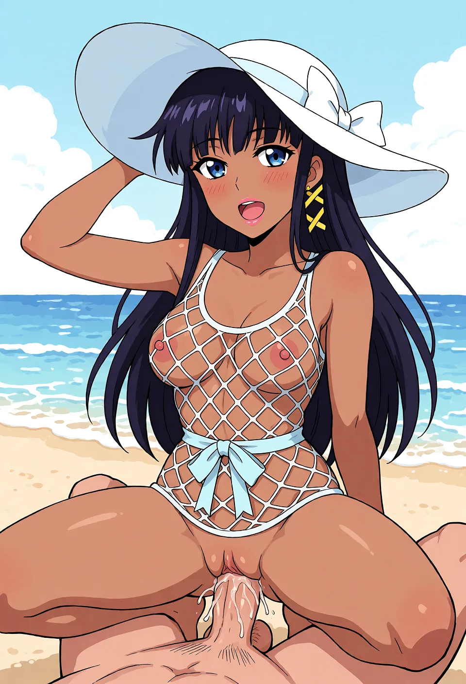 Redraw the entire picture as a hand-drawn anime illustration in flat cel-shaded anime style. It stays the same person with the same face, the same expression, the same hair and the same skin tone, and every other detail of the photograph is kept exactly as it is: nothing is added, removed, moved, uncovered or recoloured. Only the medium changes, and no part of the picture is left photographic. Above all, the picture must show: beach background, being fucked while squatting over a large dick. she has dark skin and pink lips, with fully bleached hair. Her pink nipples are visible through her full fishnet outfit.