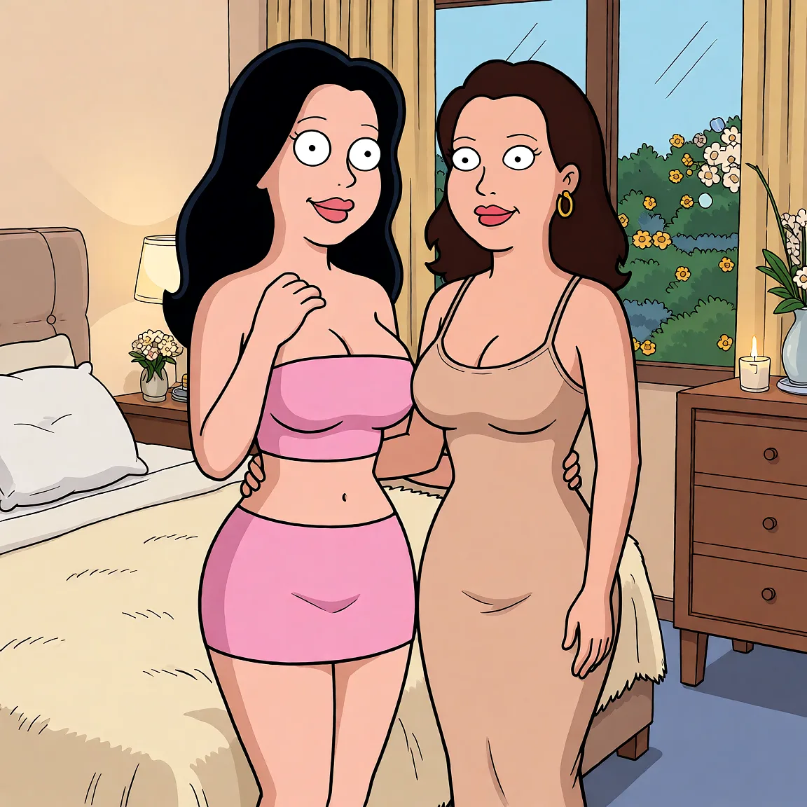 Redraw the entire picture as a western animated cartoon cel: thick even outlines, flat bright blocks of colour, simplified rounded shapes and hard-edged shadows, in the look of a television cartoon rather than of a camera. Keep the woman's adult proportions and adult figure exactly as they are; only the drawing style changes. The background is drawn in the same style. Nothing in the frame keeps its photographic appearance. Above all, the picture must show: bimbo miniskirts tube_top cleavage.