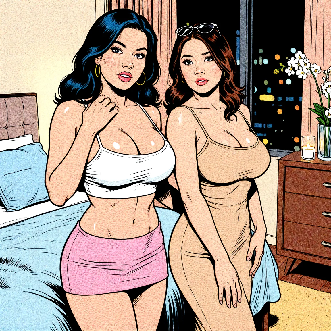 Redraw the entire picture as western comic-book art: heavy black inked outlines, hard-edged cel shading, limited high-contrast colour and visible halftone dot texture. The background is drawn in the same style. Nothing in the frame keeps its photographic appearance. Above all, the picture must show: turn into bimbo sluts with mini skirts and cleavage.
