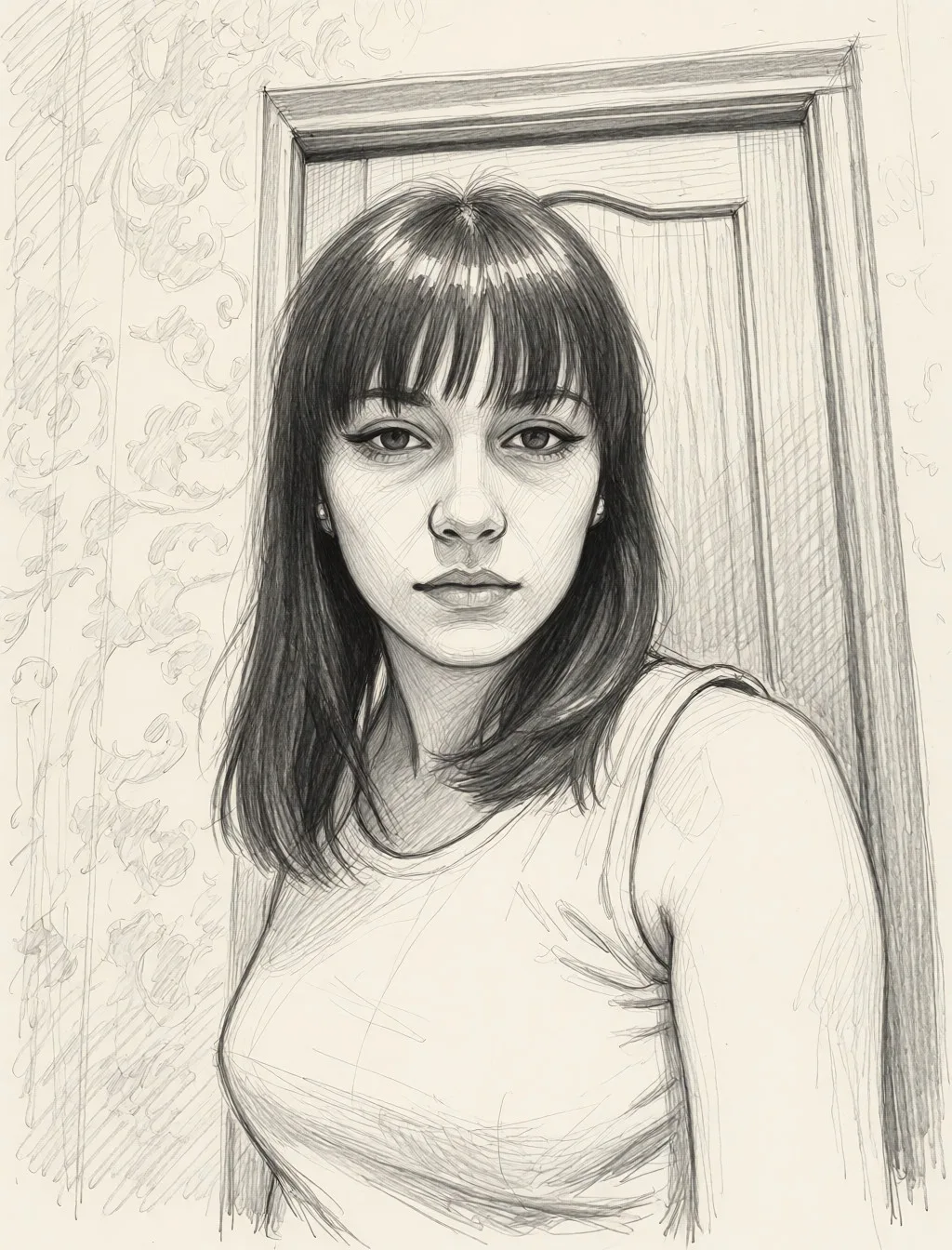 Redraw the entire picture as a hand-drawn graphite sketch on off-white paper: visible pencil strokes, cross-hatched shading, loose construction lines and no colour beyond the grey of the pencil and the tone of the paper. The background is drawn in the same style. Nothing in the frame keeps its photographic appearance. Above all, the picture must show: Дрочит член между сисек.