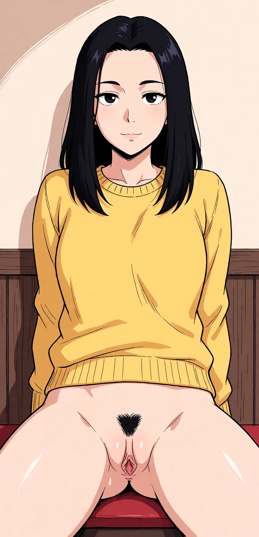 Redraw the entire picture as a hand-drawn anime illustration in flat cel-shaded anime style. It stays the same person with the same face, the same expression, the same hair and the same skin tone, and every other detail of the photograph is kept exactly as it is: nothing is added, removed, moved, uncovered or recoloured. Only the medium changes, and no part of the picture is left photographic. Above all, the picture must show: Show pussy.