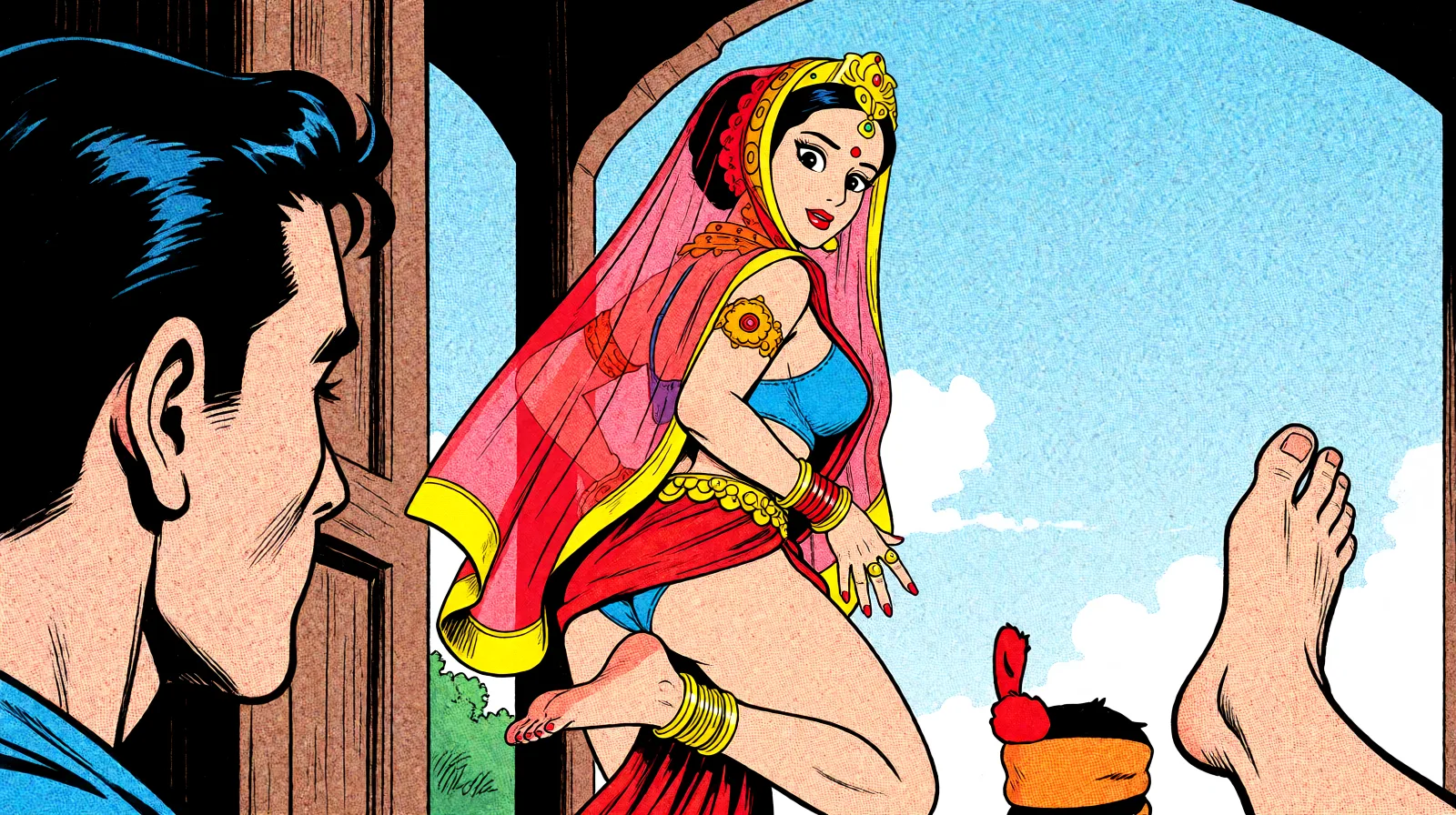 Redraw the entire picture as western comic-book art: heavy black inked outlines, hard-edged cel shading, limited high-contrast colour and visible halftone dot texture. The background is drawn in the same style. Nothing in the frame keeps its photographic appearance. Above all, the picture must show: pov scene. She is wearing a translucent red veil, and a blue bra. She has a miniskirt on, and is dancing like a slut. Her feet are moving beautifully, in a traditional indian dance of a whore.