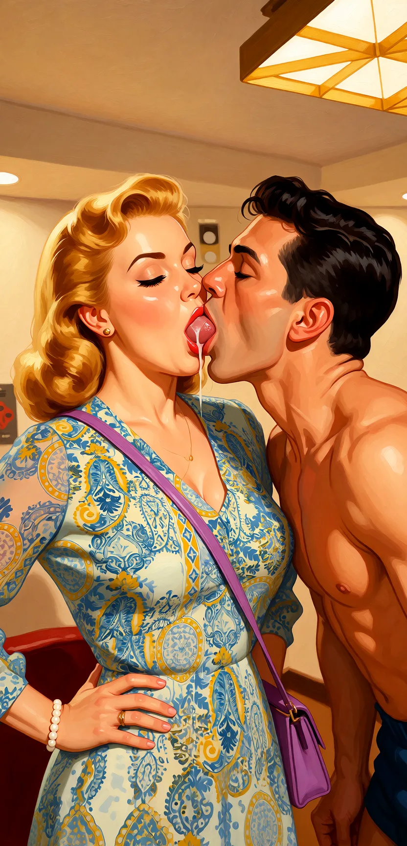 Redraw the entire picture as a retro pin-up illustration: smooth airbrushed gouache paint, warm saturated mid-century colour, clean confident outlines and glamorous stylised features, in the look of a 1950s pin-up poster. The background is painted in the same style. Nothing in the frame keeps its photographic appearance. Above all, the picture must show: Giving 2 guys blowjobs.