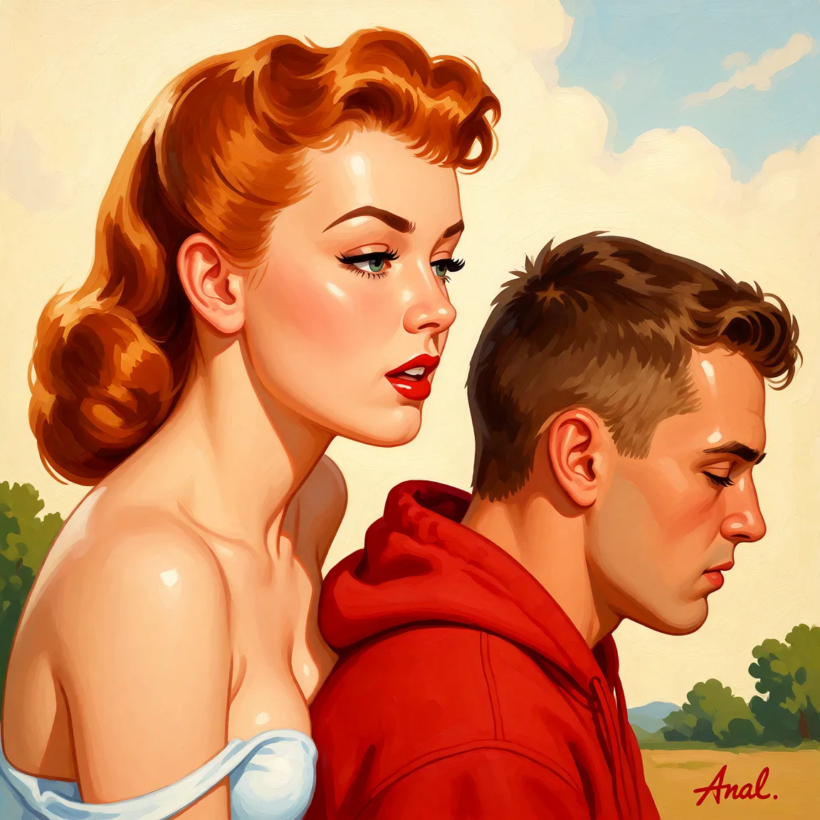Redraw the entire picture as a retro pin-up illustration: smooth airbrushed gouache paint, warm saturated mid-century colour, clean confident outlines and glamorous stylised features, in the look of a 1950s pin-up poster. The background is painted in the same style. Nothing in the frame keeps its photographic appearance. Above all, the picture must show: Anal.