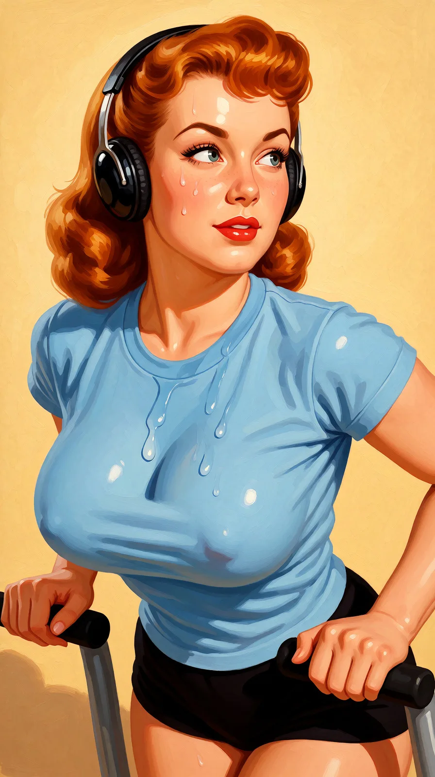 Redraw the entire picture as a retro pin-up illustration: smooth airbrushed gouache paint, warm saturated mid-century colour, clean confident outlines and glamorous stylised features, in the look of a 1950s pin-up poster. The background is painted in the same style. Nothing in the frame keeps its photographic appearance. Above all, the picture must show: Completely nude pushing her big natural breasts together.