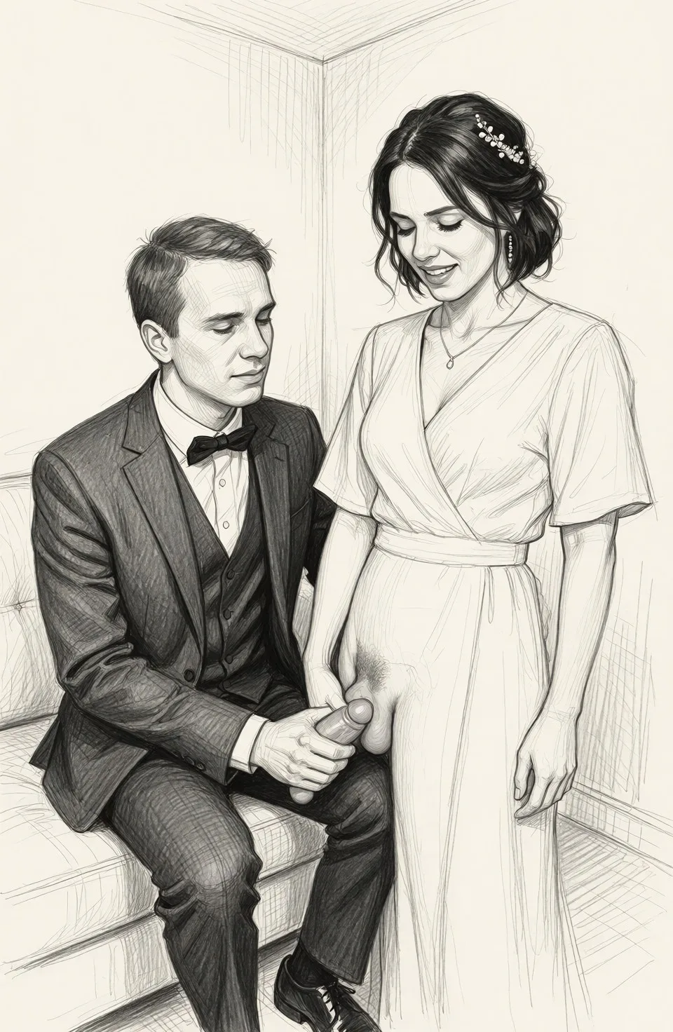 Redraw the entire picture as a hand-drawn graphite sketch on off-white paper: visible pencil strokes, cross-hatched shading, loose construction lines and no colour beyond the grey of the pencil and the tone of the paper. The background is drawn in the same style. Nothing in the frame keeps its photographic appearance. Above all, the picture must show: She holds his cock in her hand and kisses his testicles.