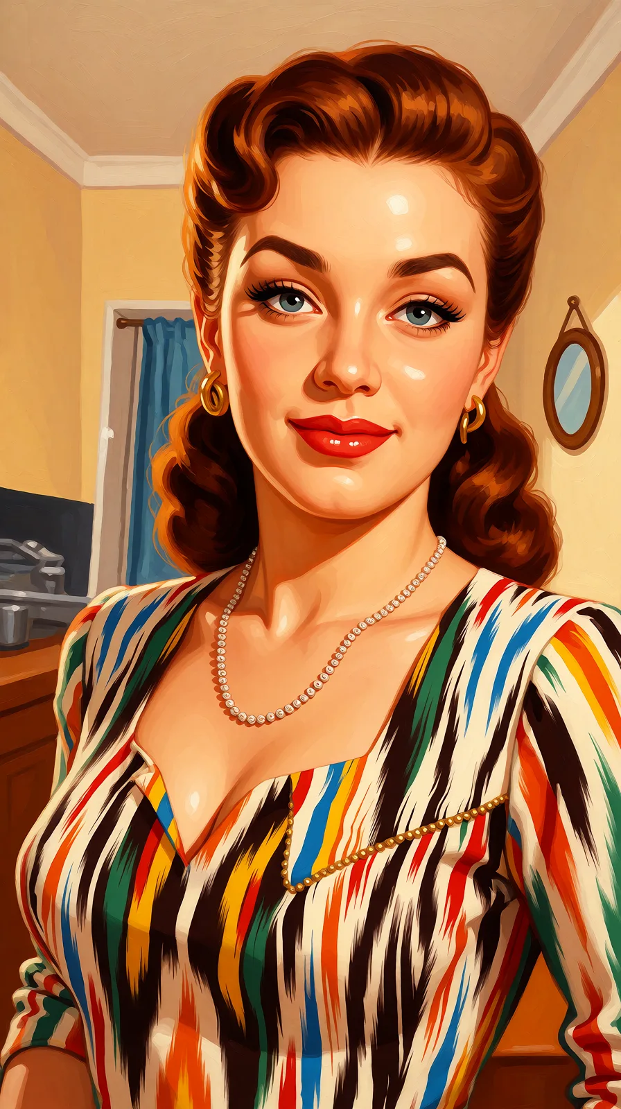 Redraw the entire picture as a retro pin-up illustration: smooth airbrushed gouache paint, warm saturated mid-century colour, clean confident outlines and glamorous stylised features, in the look of a 1950s pin-up poster. The background is painted in the same style. Nothing in the frame keeps its photographic appearance. Above all, the picture must show: Дрочит свою киску.