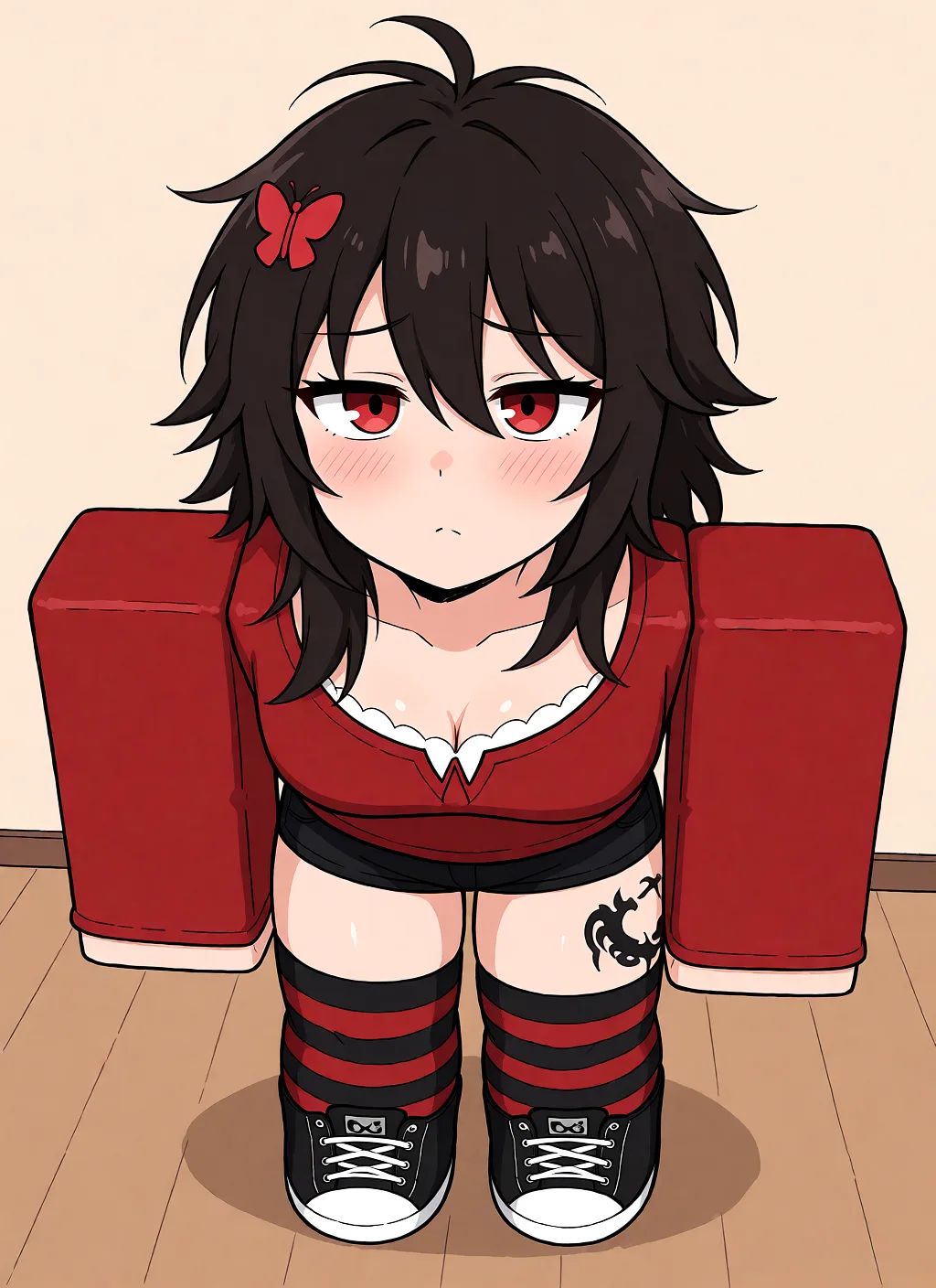 Redraw the entire picture as a hand-drawn anime illustration in flat cel-shaded anime style. It stays the same person with the same face, the same expression, the same hair and the same skin tone, and every other detail of the photograph is kept exactly as it is: nothing is added, removed, moved, uncovered or recoloured. Only the medium changes, and no part of the picture is left photographic. Above all, the picture must show: full-face_blush doggystyle medium_hair.