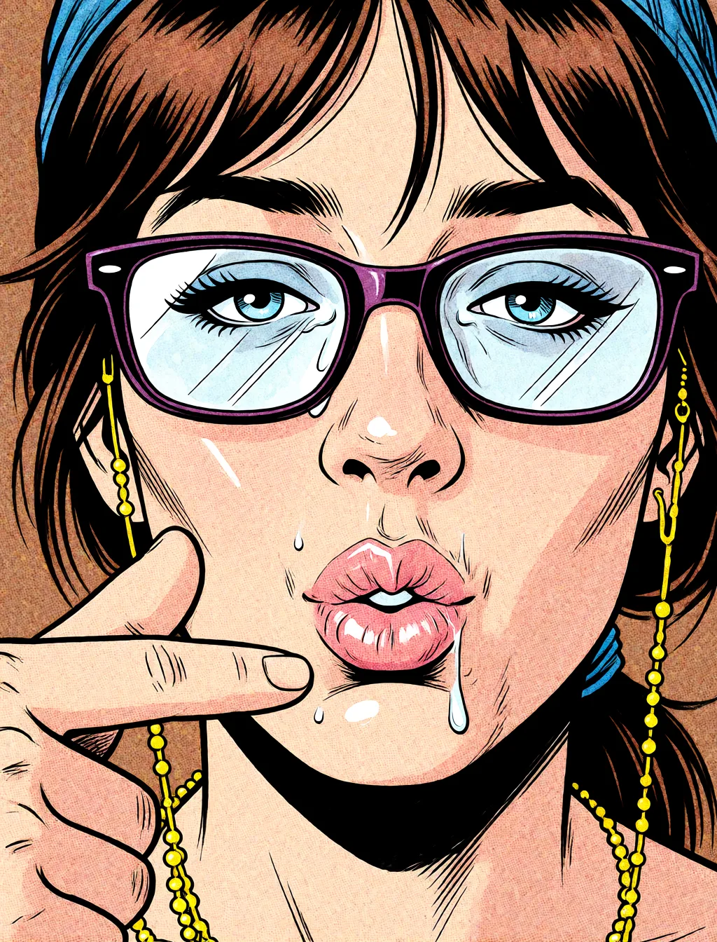 Redraw the entire picture as western comic-book art: heavy black inked outlines, hard-edged cel shading, limited high-contrast colour and visible halftone dot texture. The background is drawn in the same style. Nothing in the frame keeps its photographic appearance. Above all, the picture must show: Completely naked.